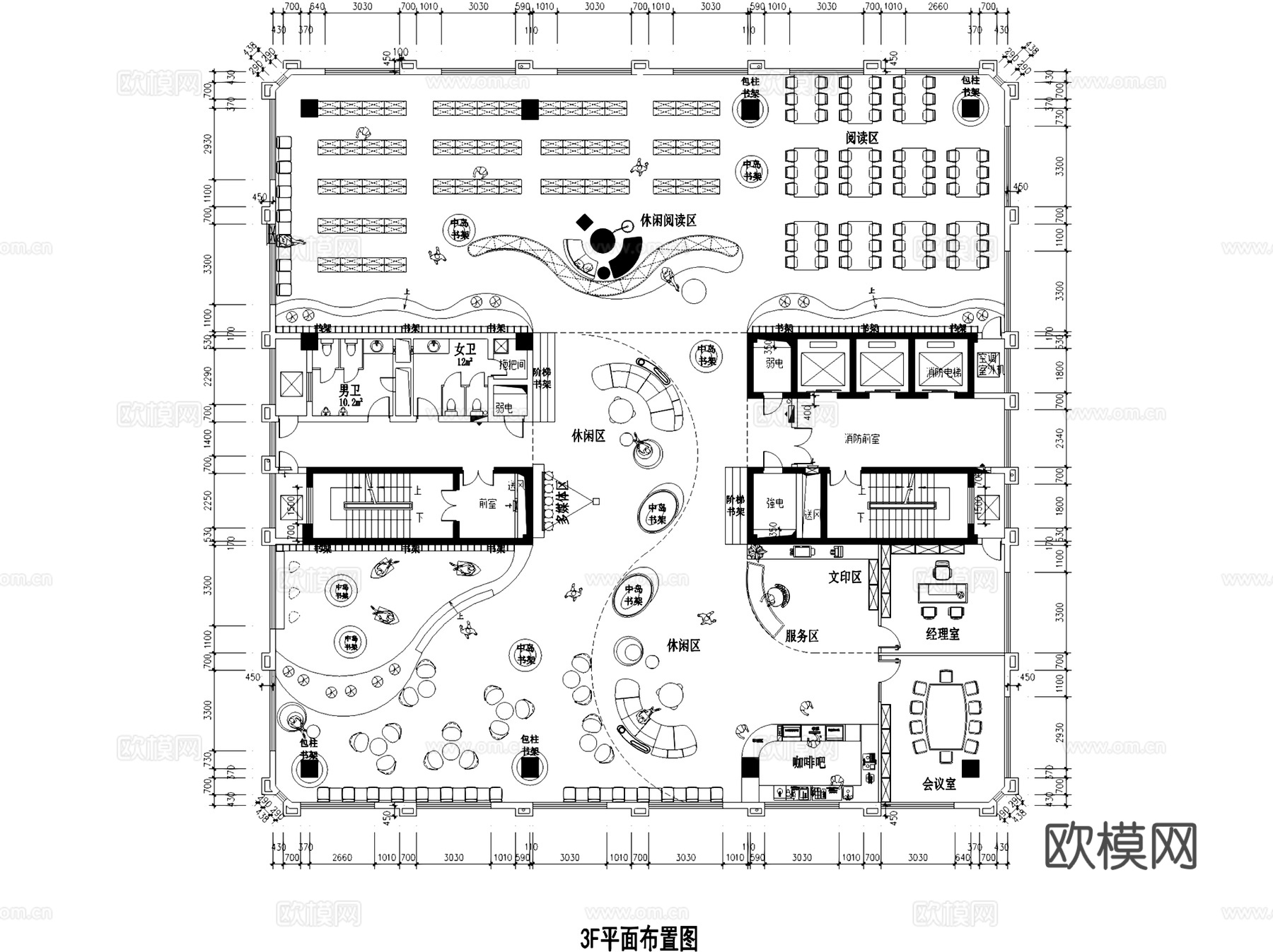 图书馆阅览室档案室书吧室内工装平面CAD施工图集 19套cad施工图