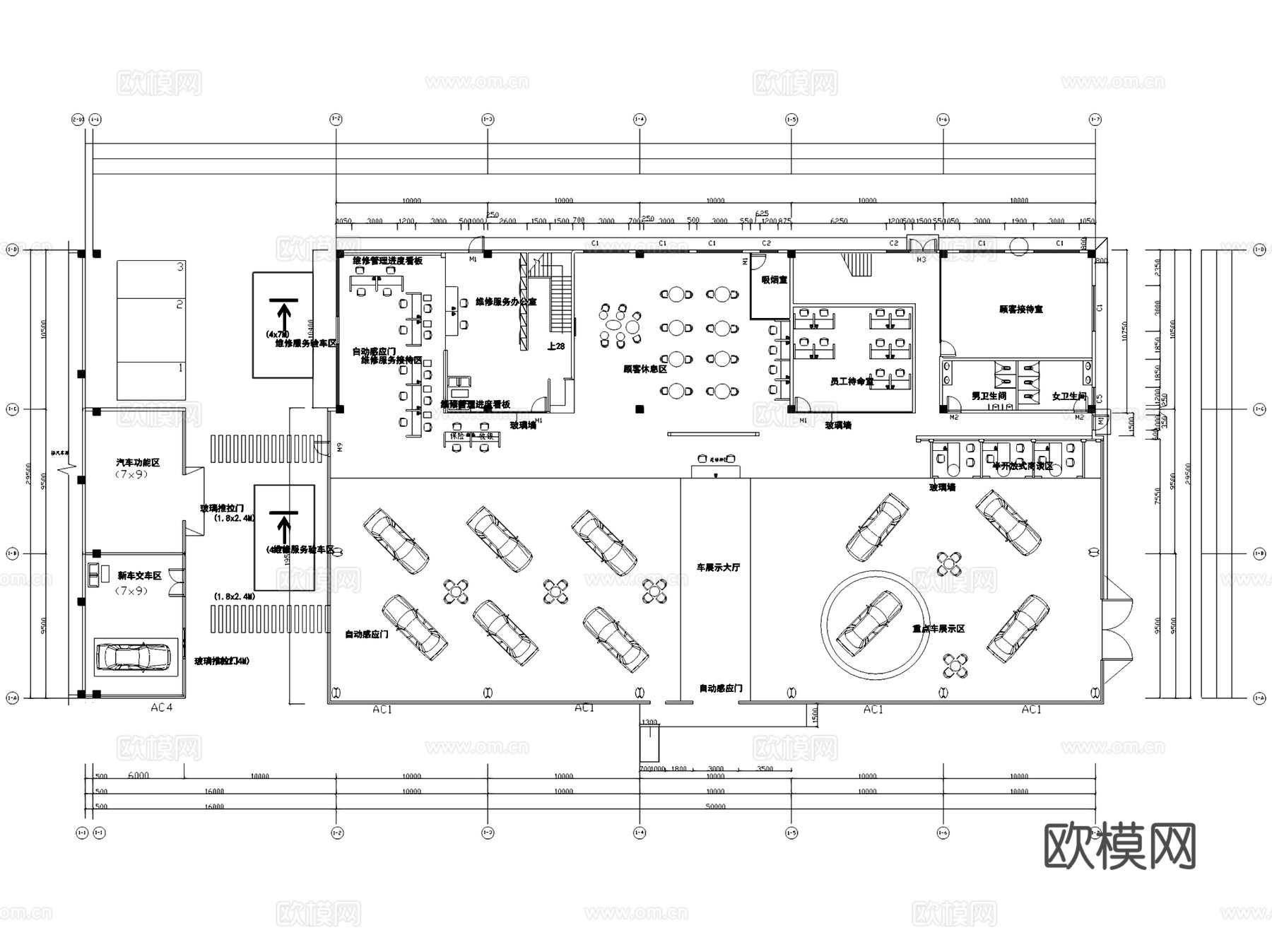 汽车销售展厅4S店室内工装平面图CAD施工图集 12套cad施工图