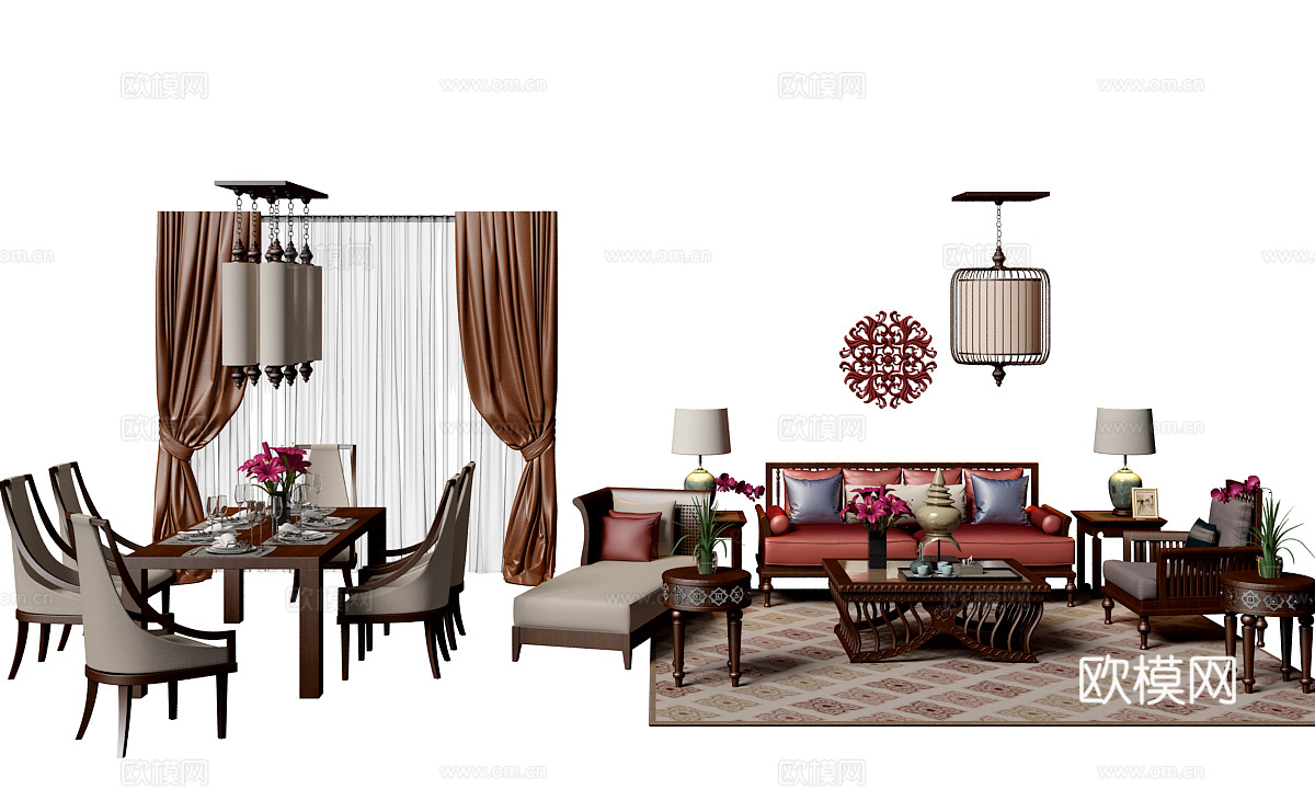东南亚沙发茶几 餐桌椅 吊顶 窗帘组合3d模型下载（渲染图1）
