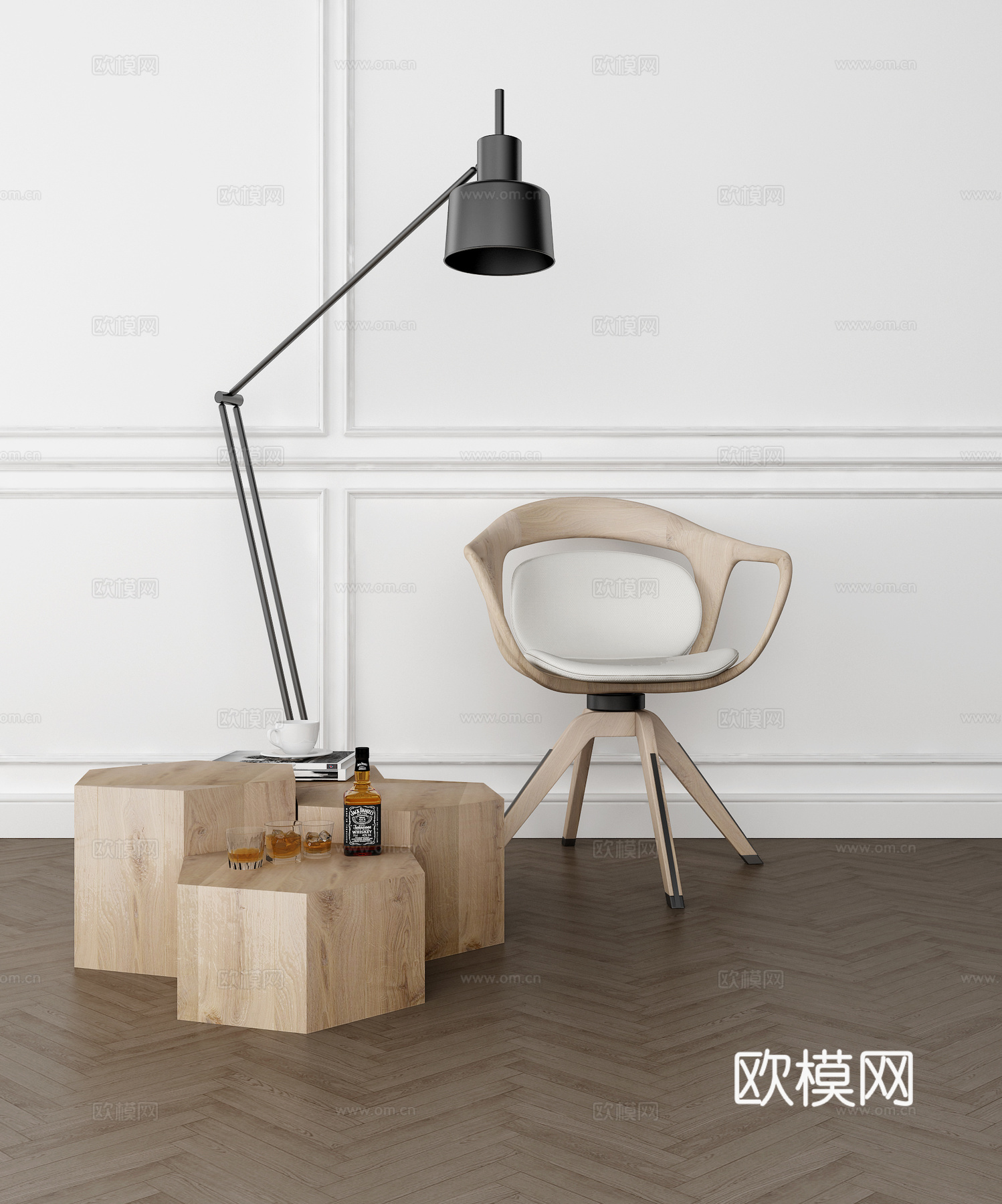 现代休闲椅 边几 落地灯3d模型下载（渲染图1）