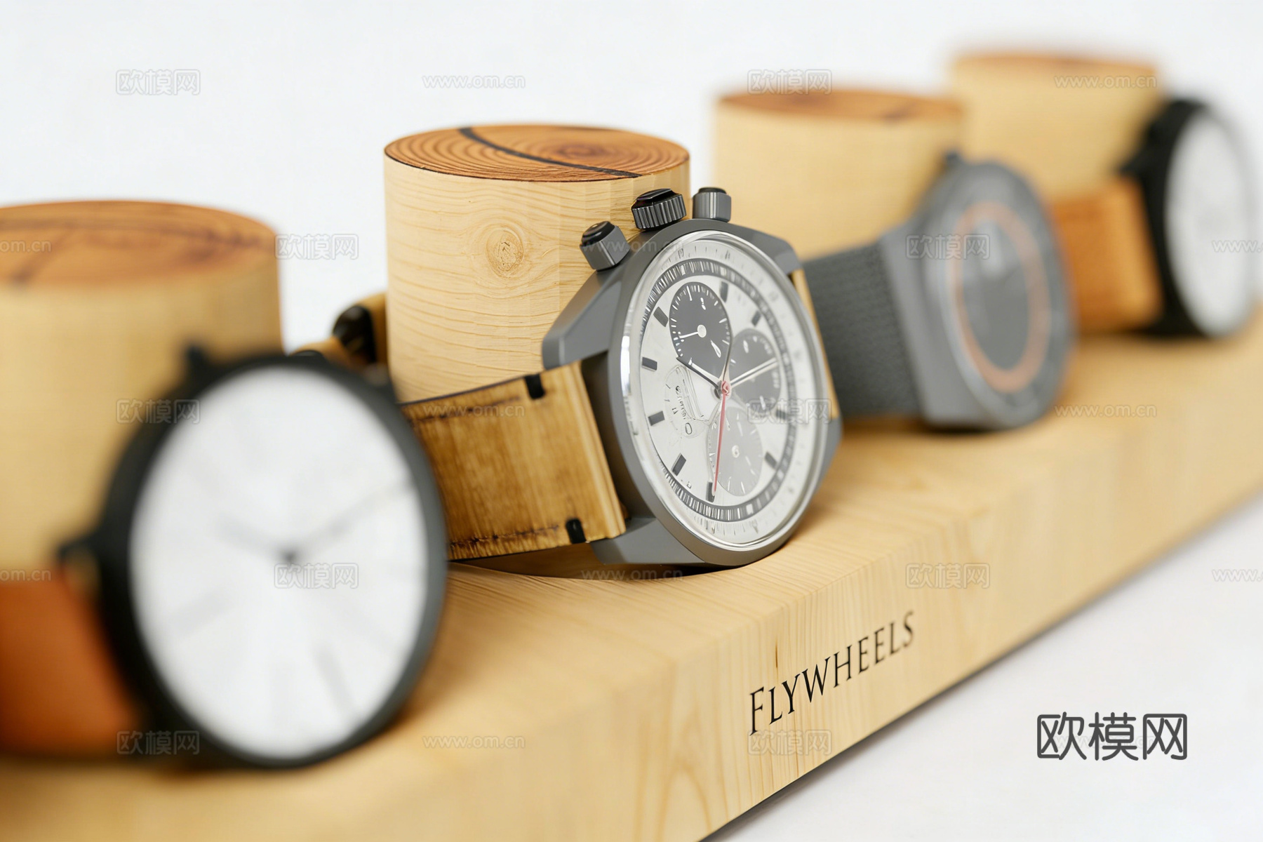 现代简约手表  皮质表带 含木质展示台 高精度 电商产品su模型