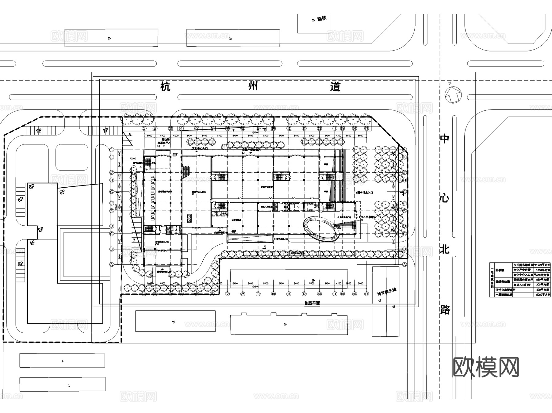 八层塘沽图书馆建筑规划平剖面CAD施工图cad施工图