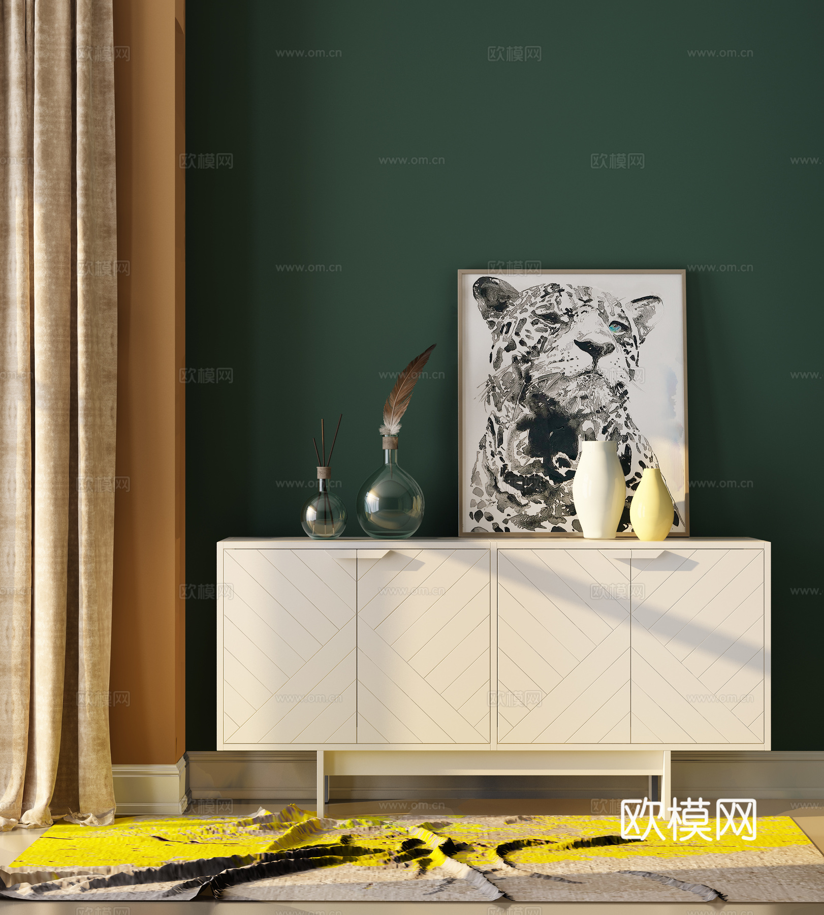 现代装饰柜 装饰画 窗帘 地毯3d模型下载（渲染图2）
