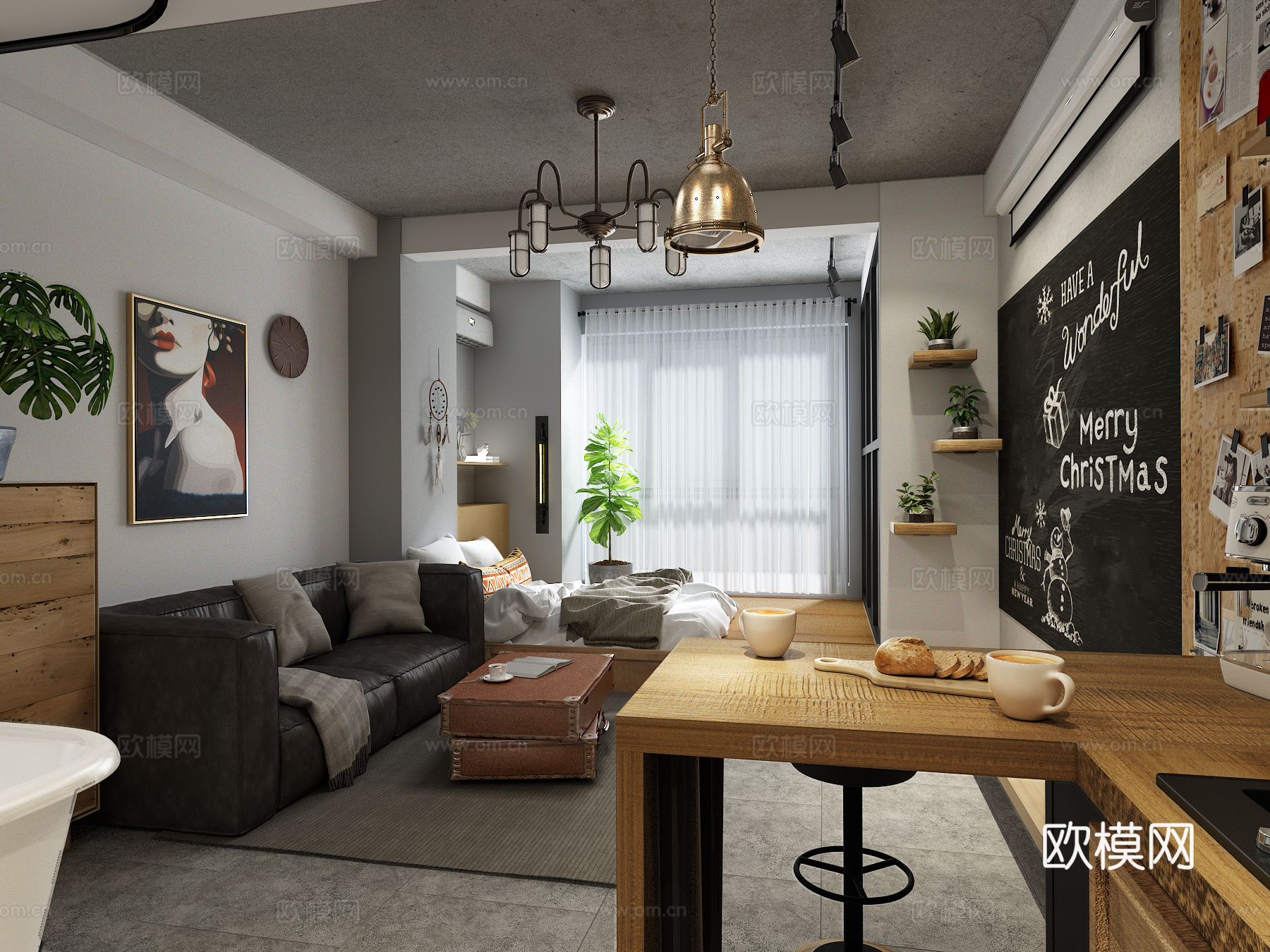 单身公寓 北欧 工业客厅卧室3d模型下载（渲染图2）