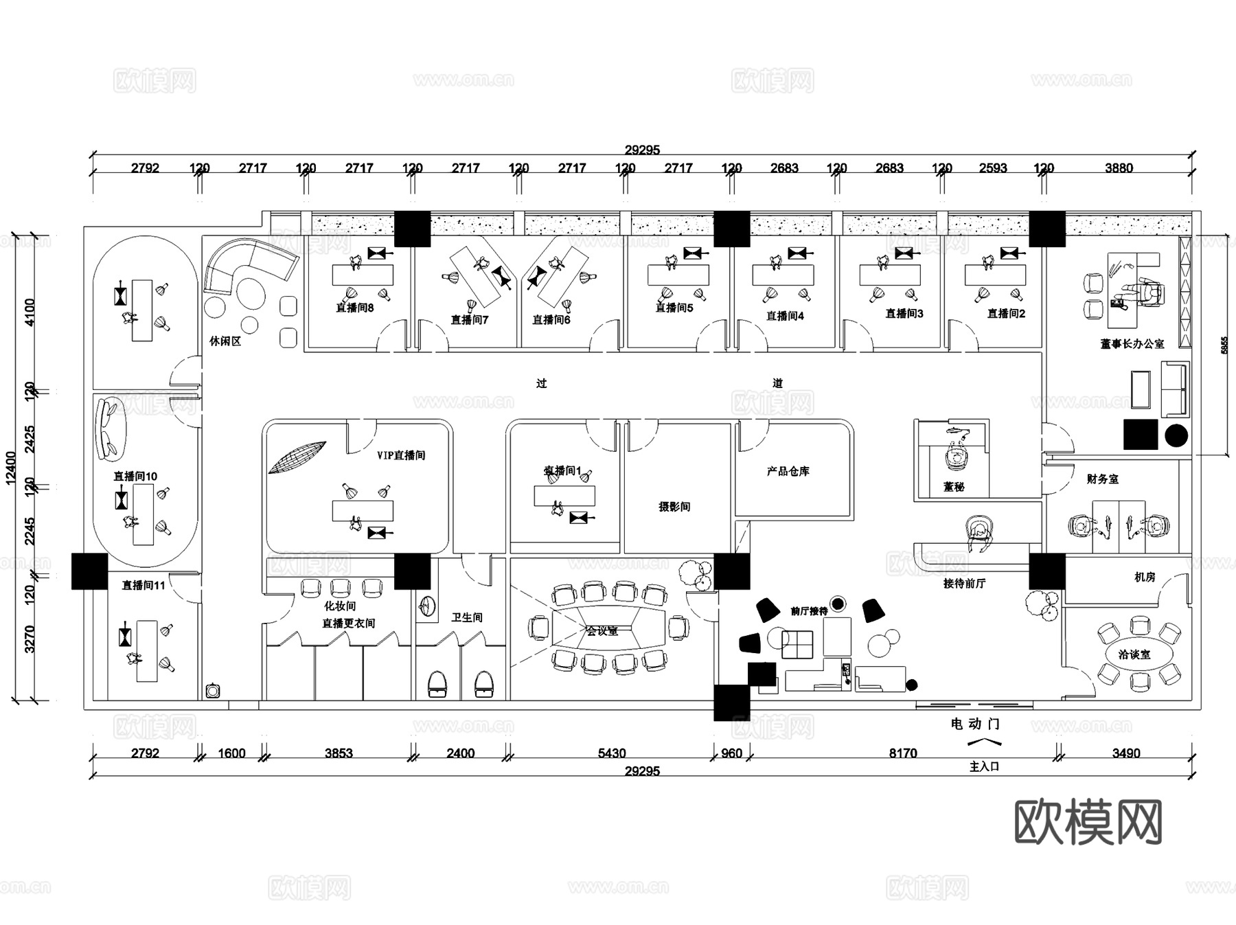 网红电商直播间室内工装平面图CAD施工图集 12套cad施工图