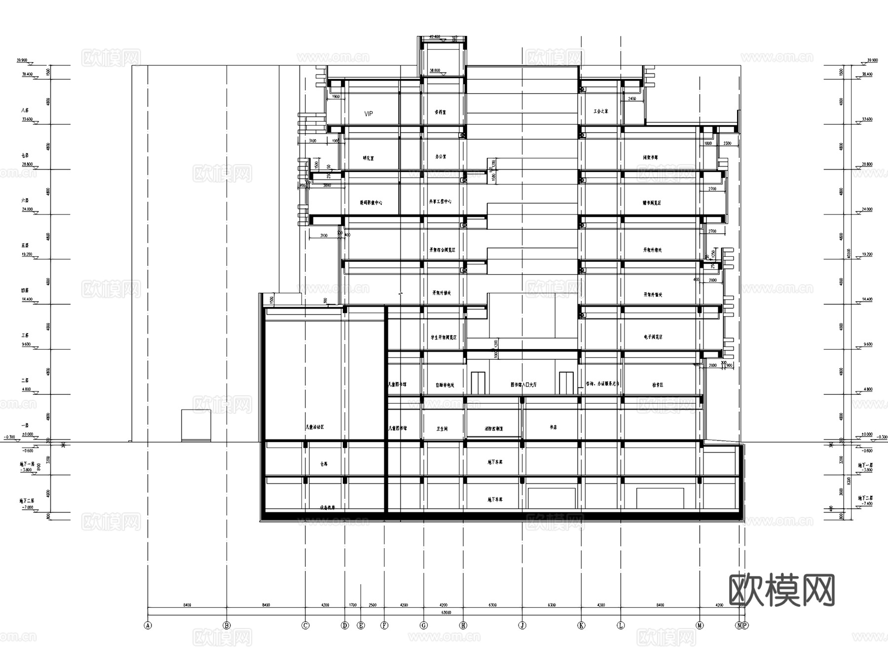 八层塘沽图书馆建筑规划平剖面CAD施工图cad施工图