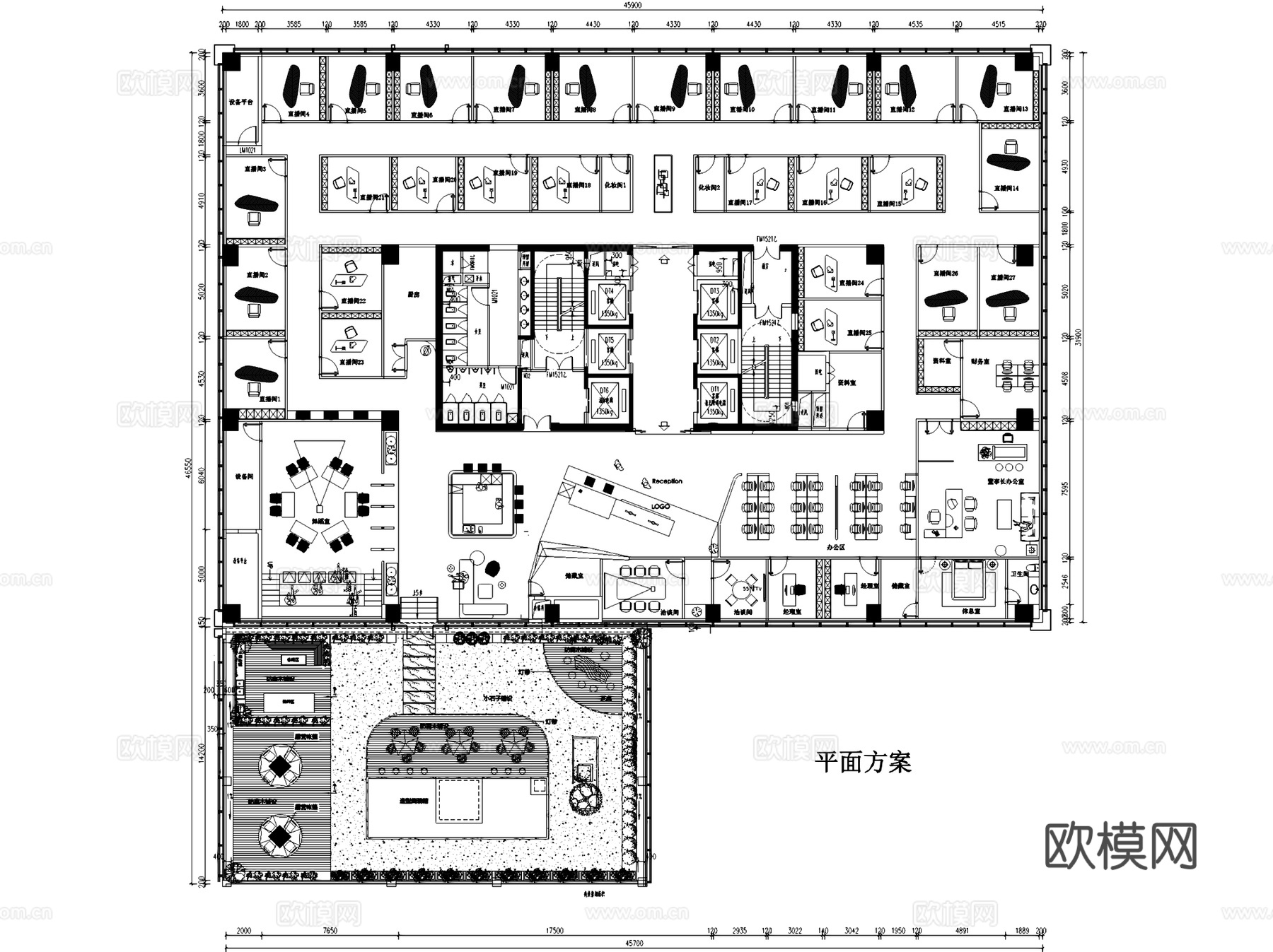 网红电商直播间室内工装平面图CAD施工图集 12套cad施工图