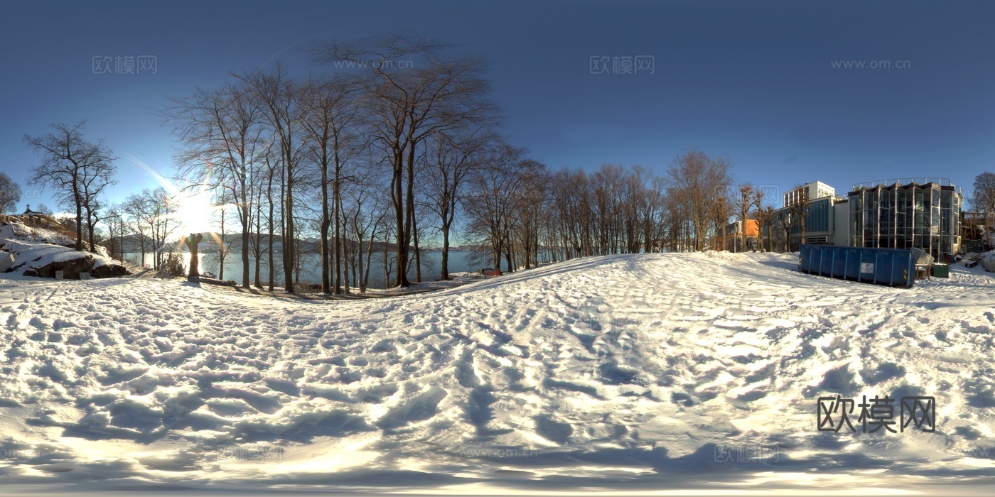 户外冬季晴天河边雪地树木HDR