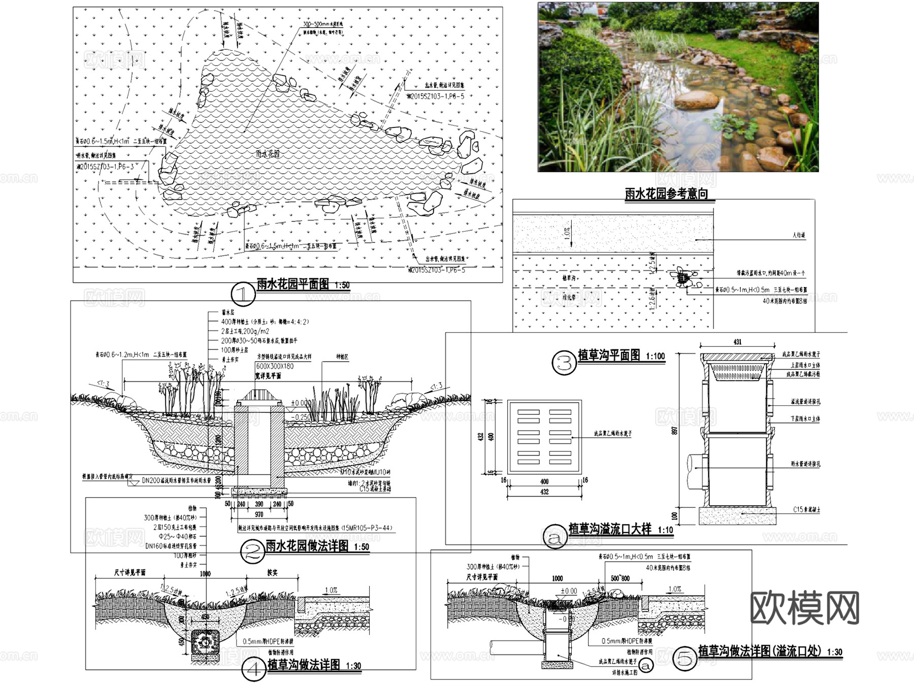 海绵城市雨水花园景观给排水节点大样CAD施工图集 6套cad施工图