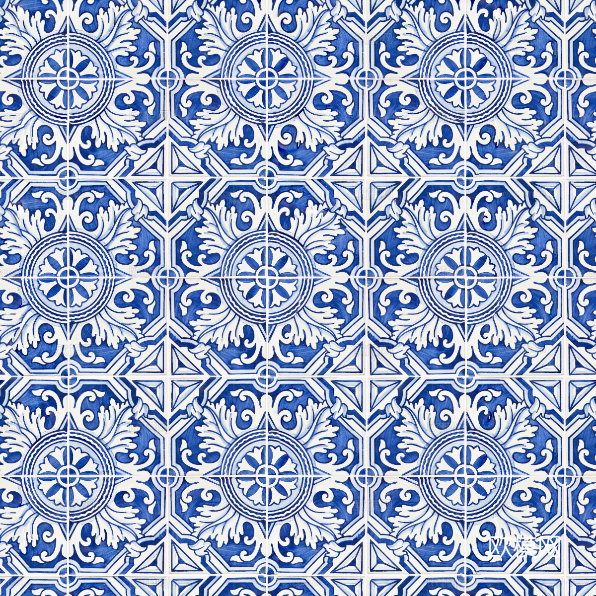 复古经典，民族风青色几何植物花纹图案花砖瓷砖25