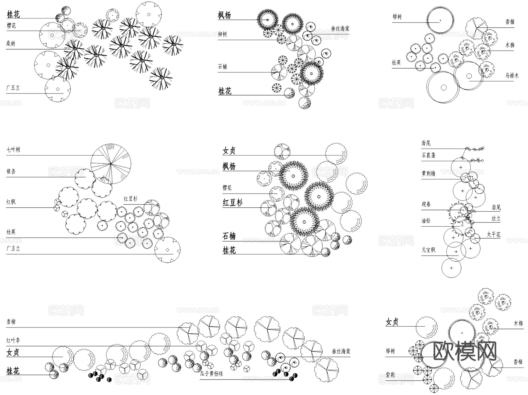 园林景观植物组团配置平面CAD施工图集 7套cad施工图