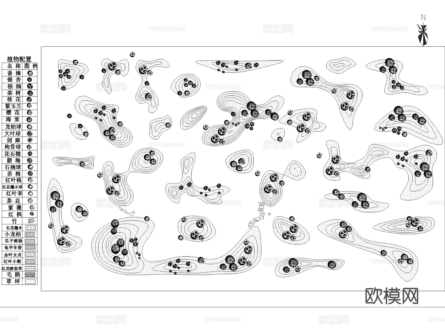园林景观植物组团配置平面CAD施工图集 7套cad施工图