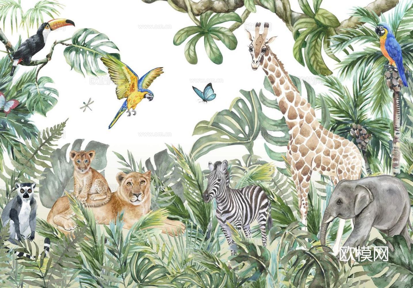 热带雨林壁纸 卡通壁纸 儿童房壁纸贴图贴图下载