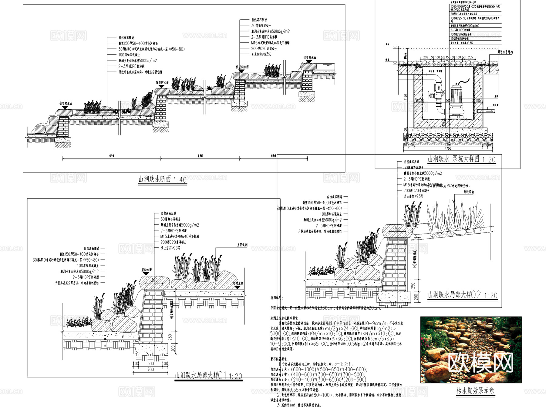 景观自然溪流假山跌水瀑布叠水节点CAD施工图集 12套cad施工图