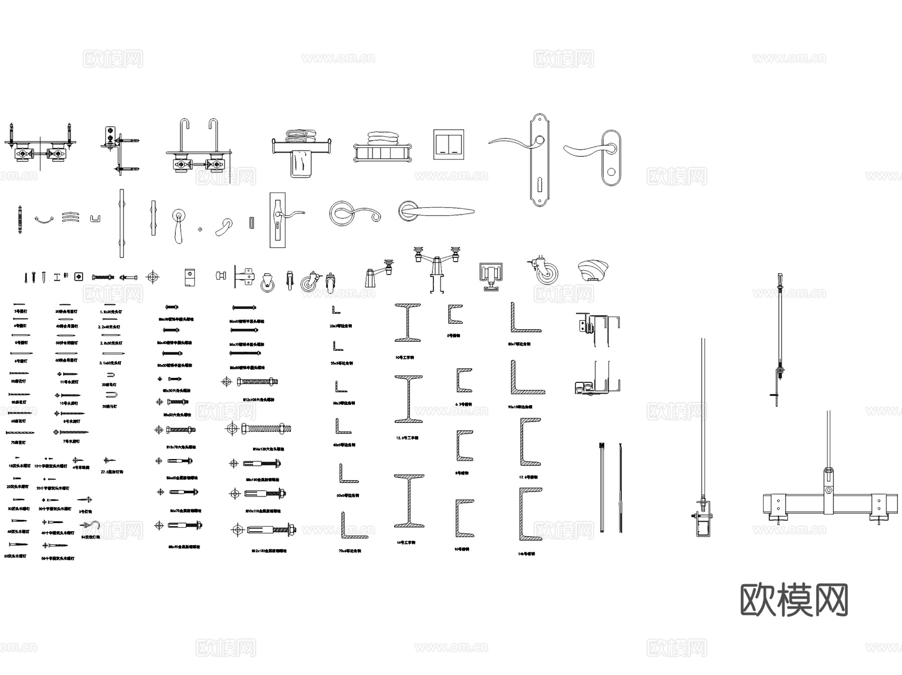标准五金配件构件工具拉手柜门图块图库CAD施工图集cad施工图