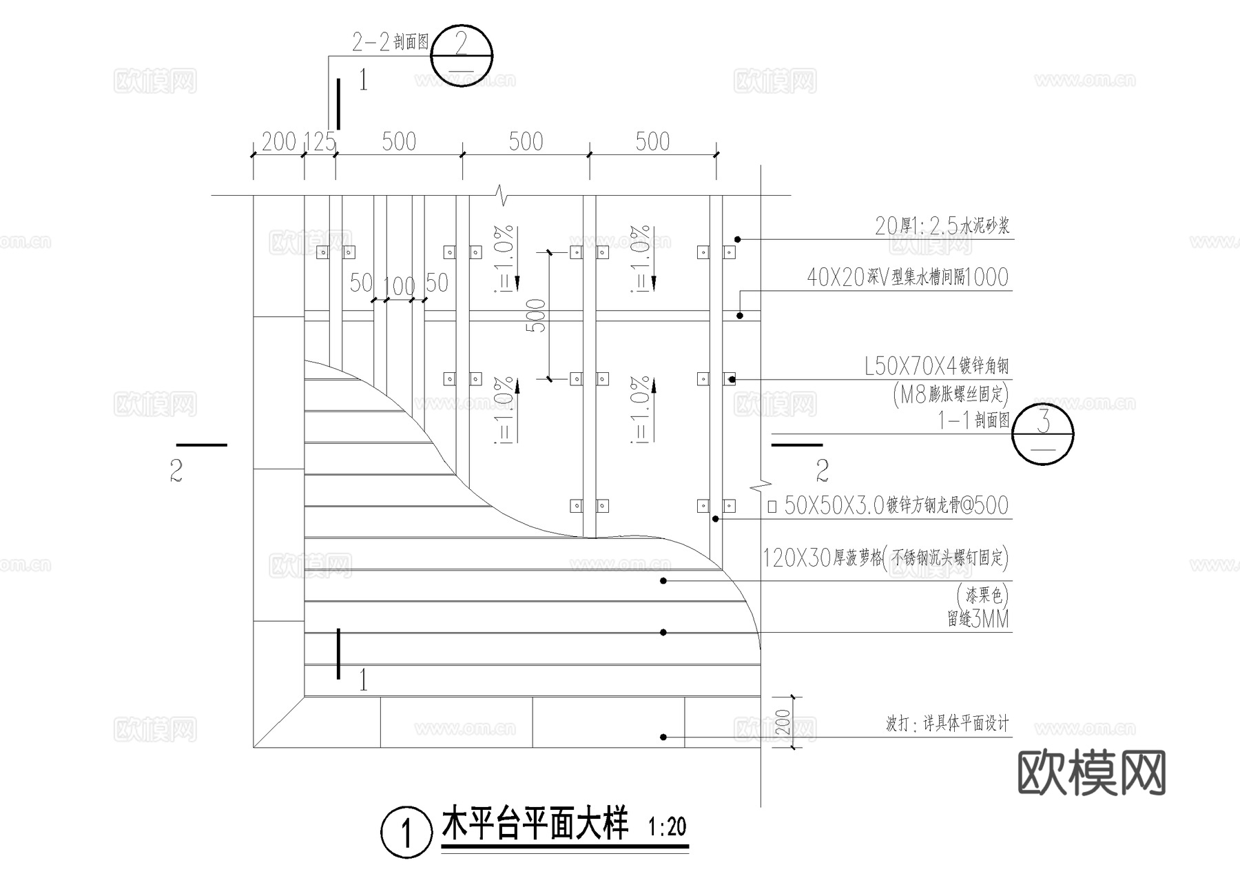 塑木平台 竹木平台 石材木板木条收边 CAD施工图cad施工图