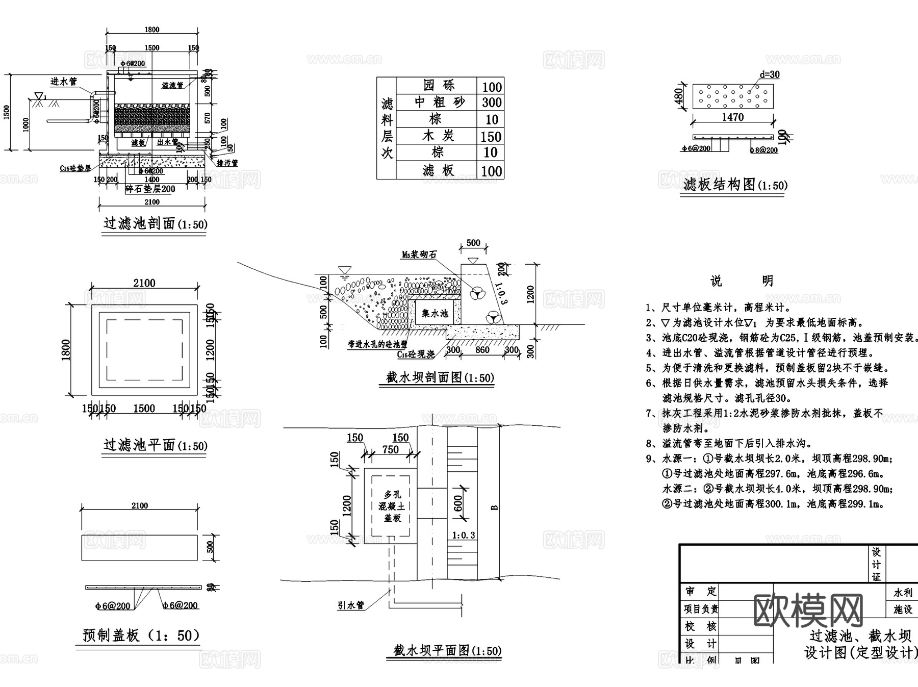 生态净化池过滤池水池鱼池节点CAD施工图集 8套cad施工图
