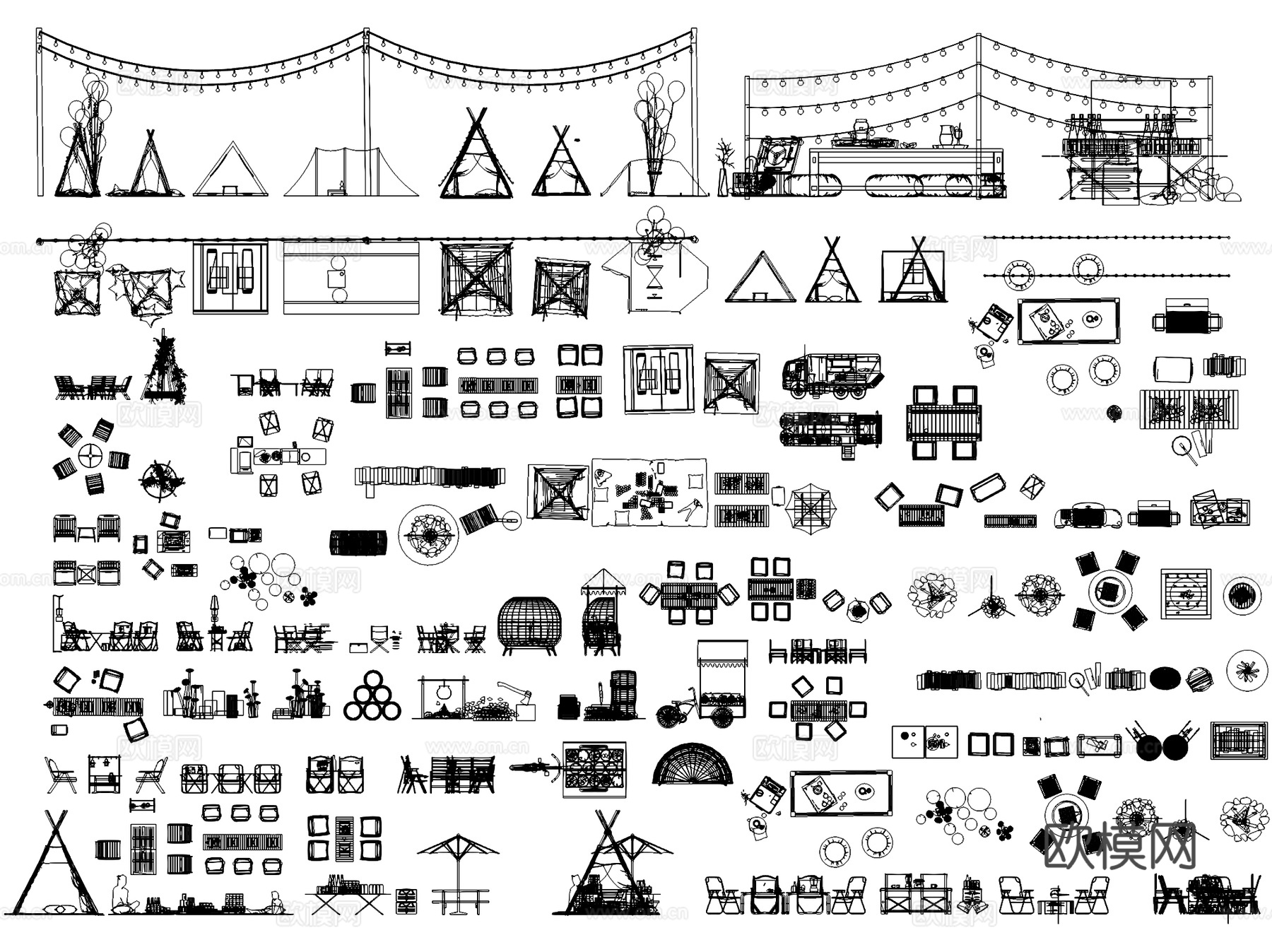 户外露营设施帐篷张拉膜图块图库CAD施工图集 9套cad施工图