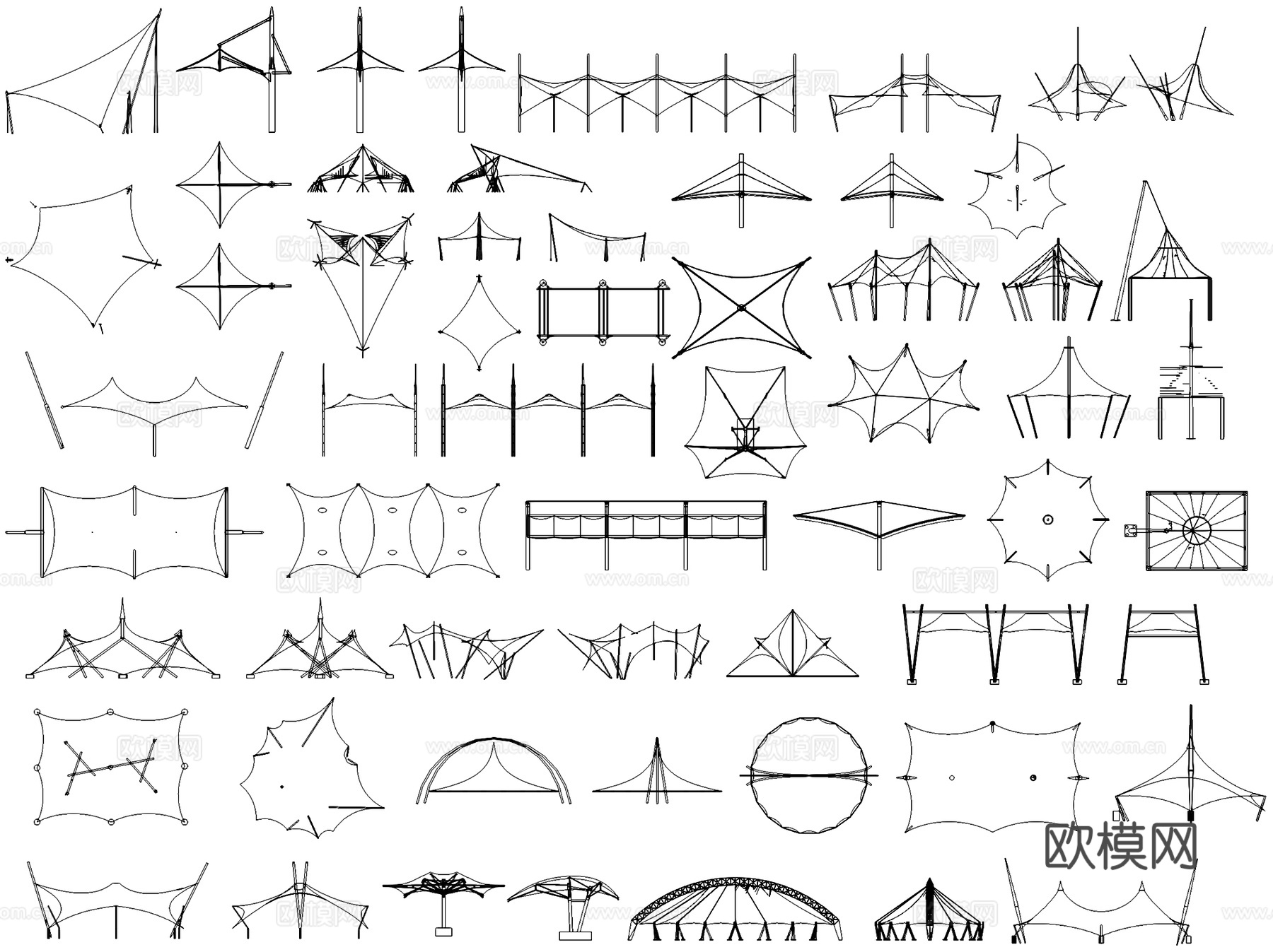 户外露营设施帐篷张拉膜图块图库CAD施工图集 9套cad施工图