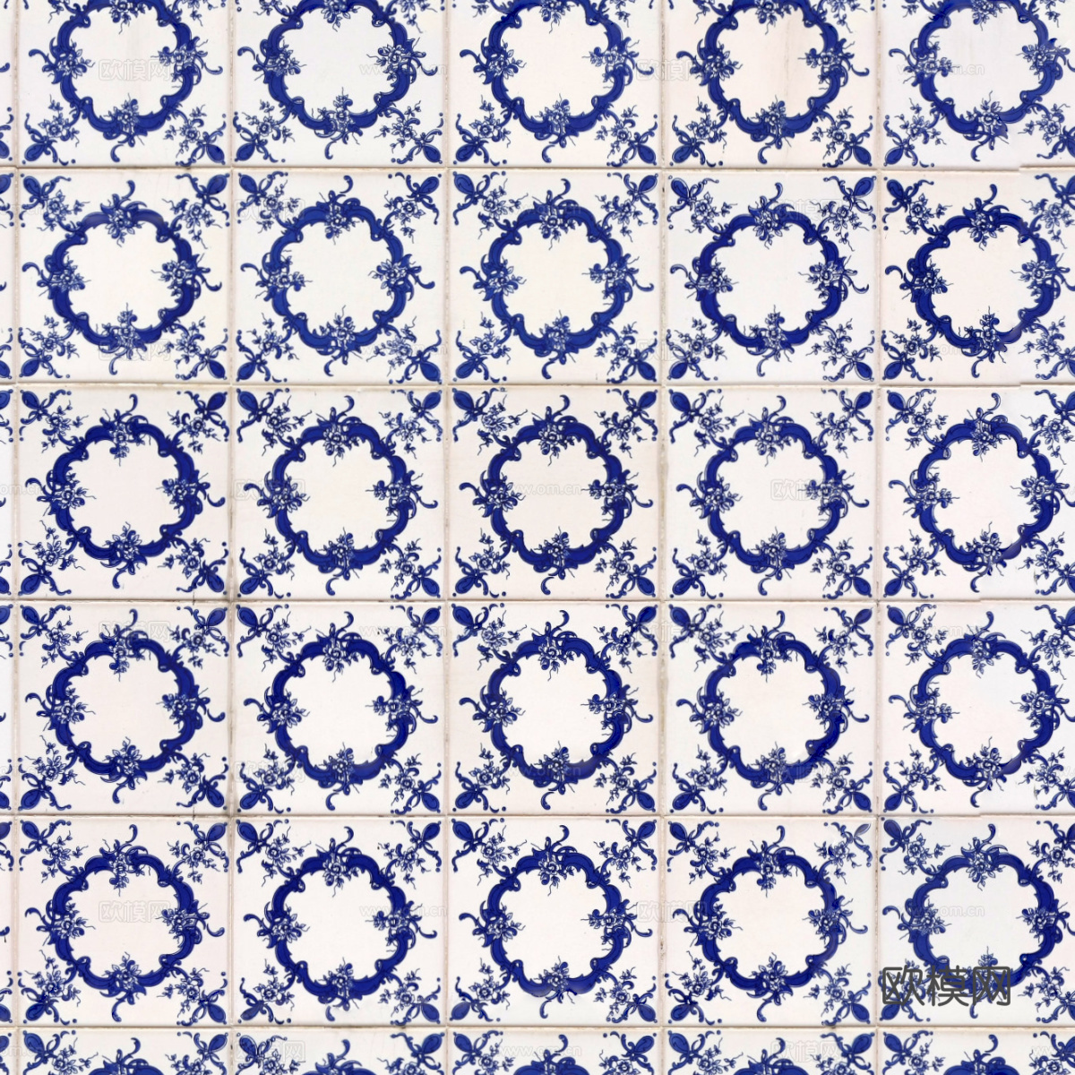 复古经典，民族风青色几何植物花纹图案花砖瓷砖3