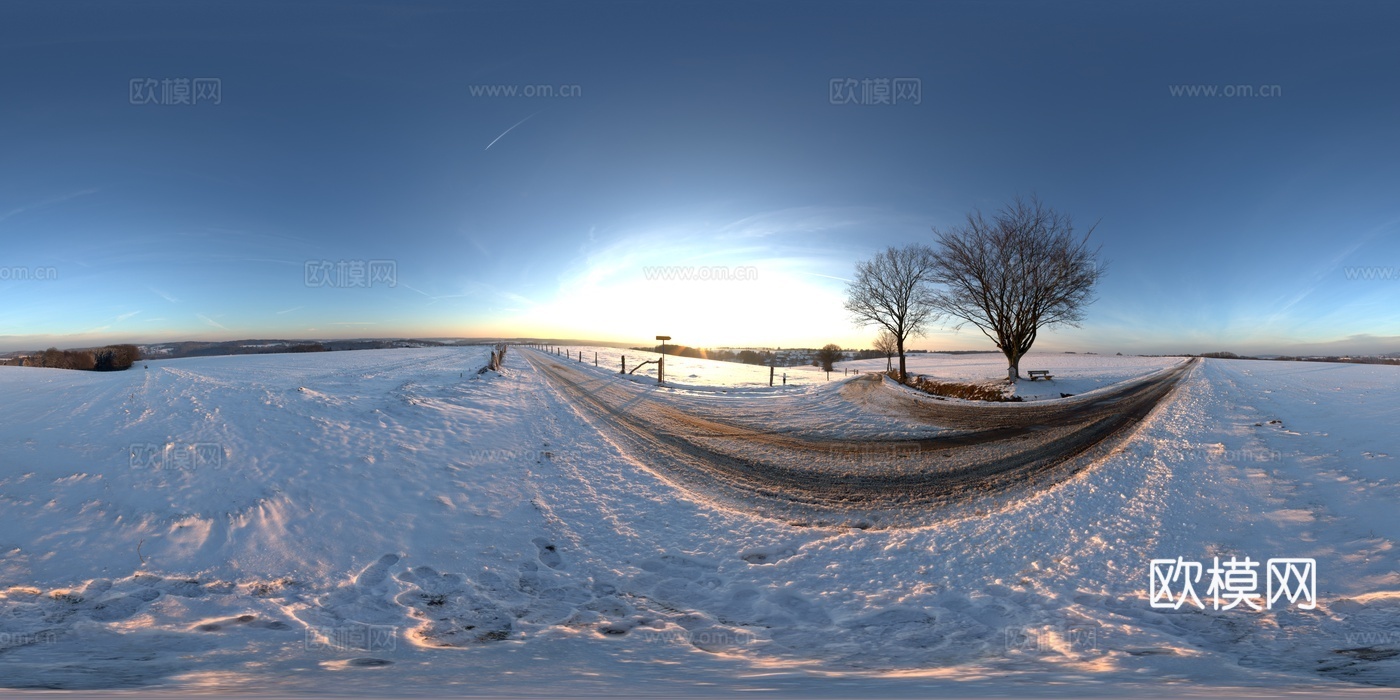 户外冬季晴天雪地天空HDR