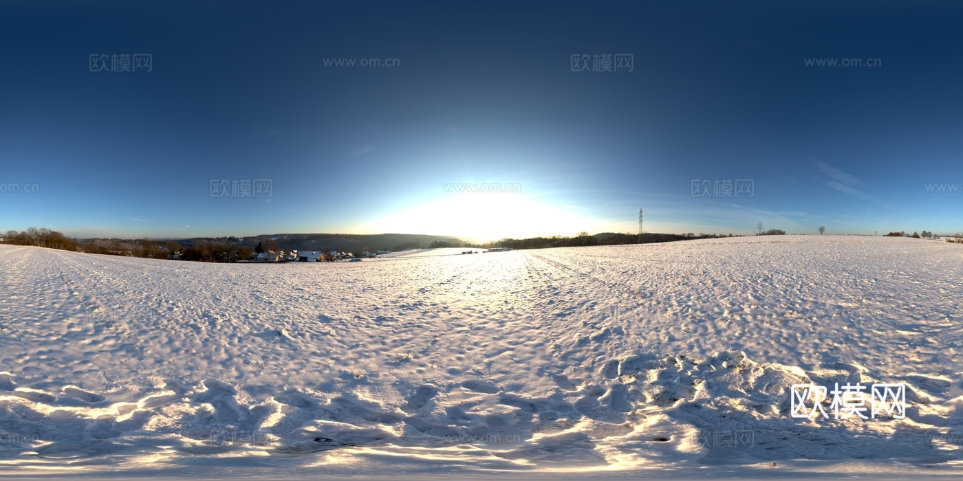 户外冬季晴天雪地天空HDR