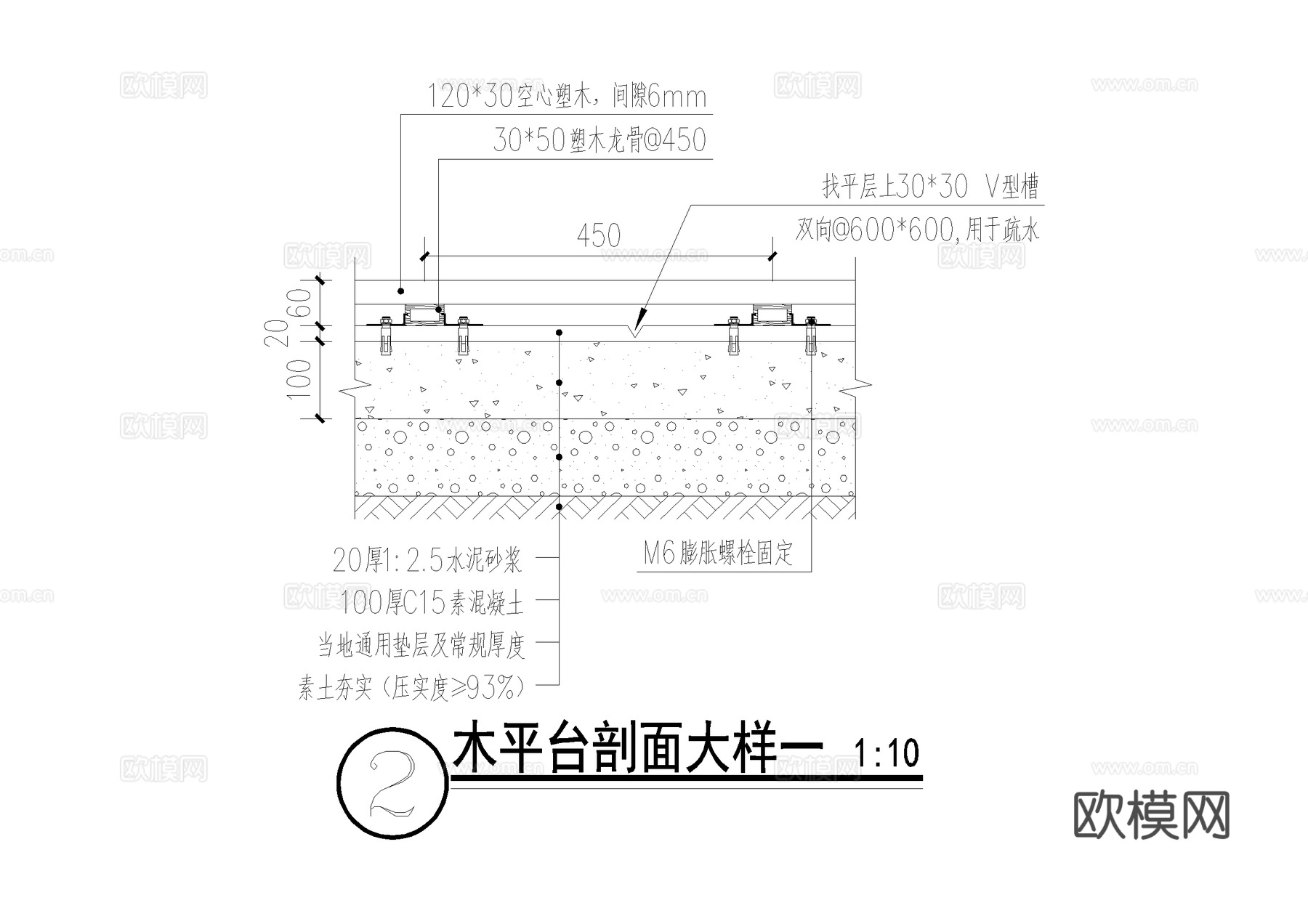 空心塑木平台 木平台 石材交接 塑木板拼接 CADcad施工图
