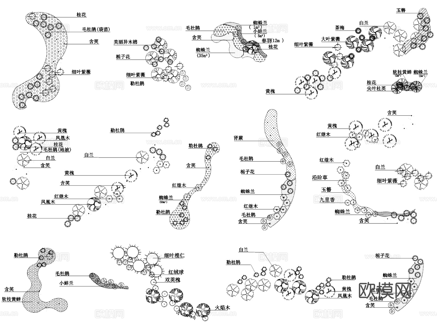 园林景观植物组团配置平面CAD施工图集 7套cad施工图