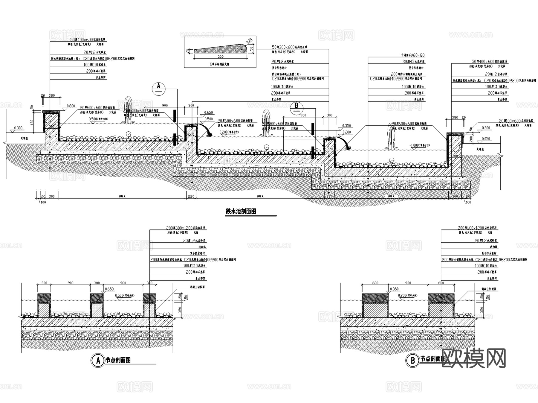 园林景观喷泉水池水景节点大样详图CAD施工图集 80套cad施工图