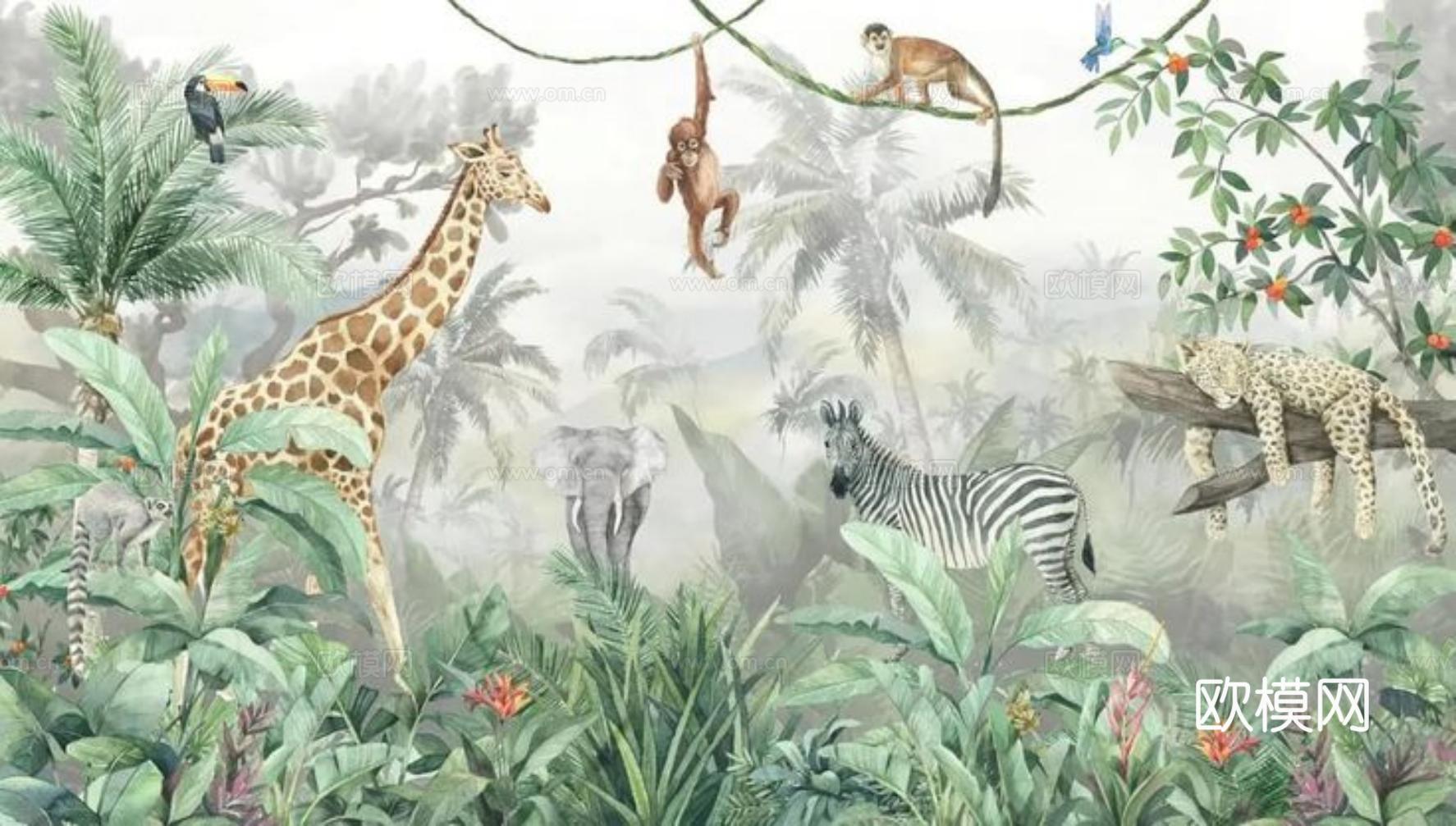 热带雨林壁纸 卡通壁纸 儿童房壁纸贴图贴图下载