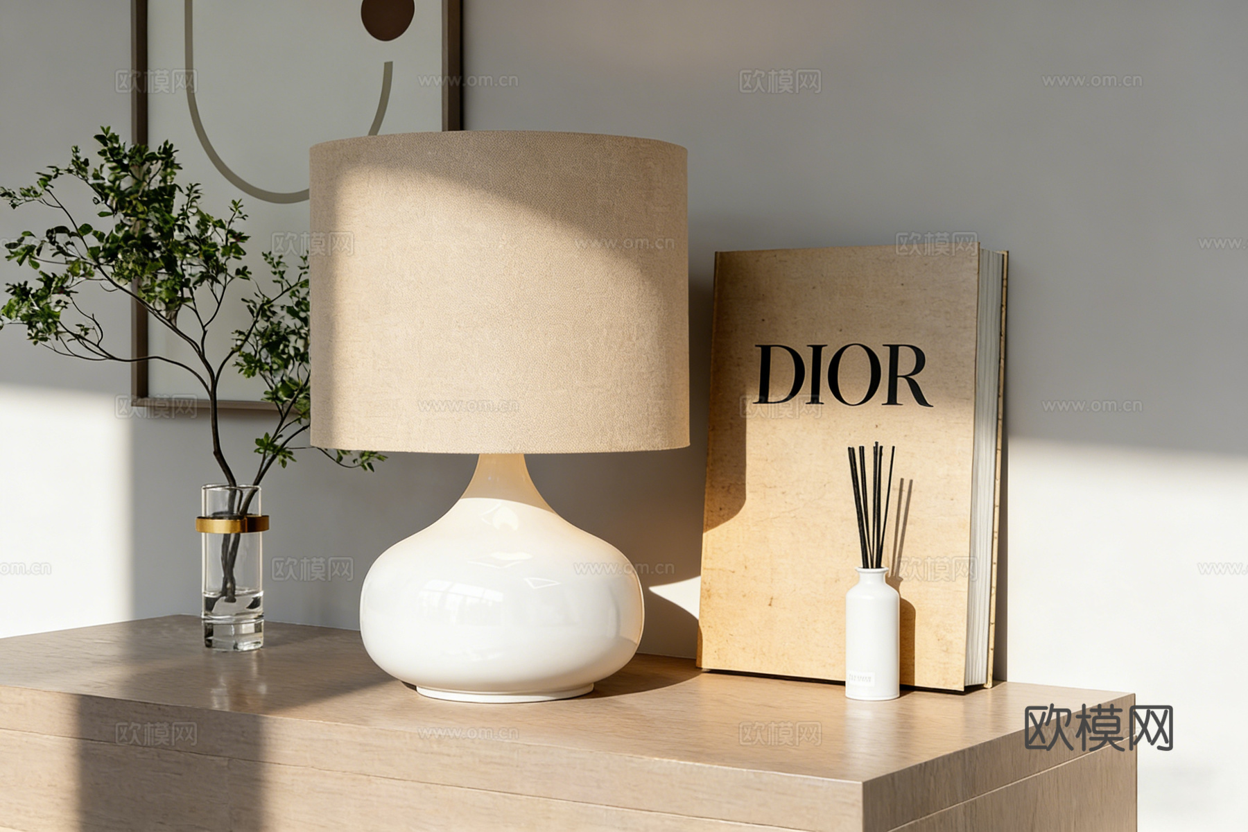 现代简约静物摆件 陶瓷台灯 玻璃花瓶 抽象画 侘寂风桌面装饰su模型