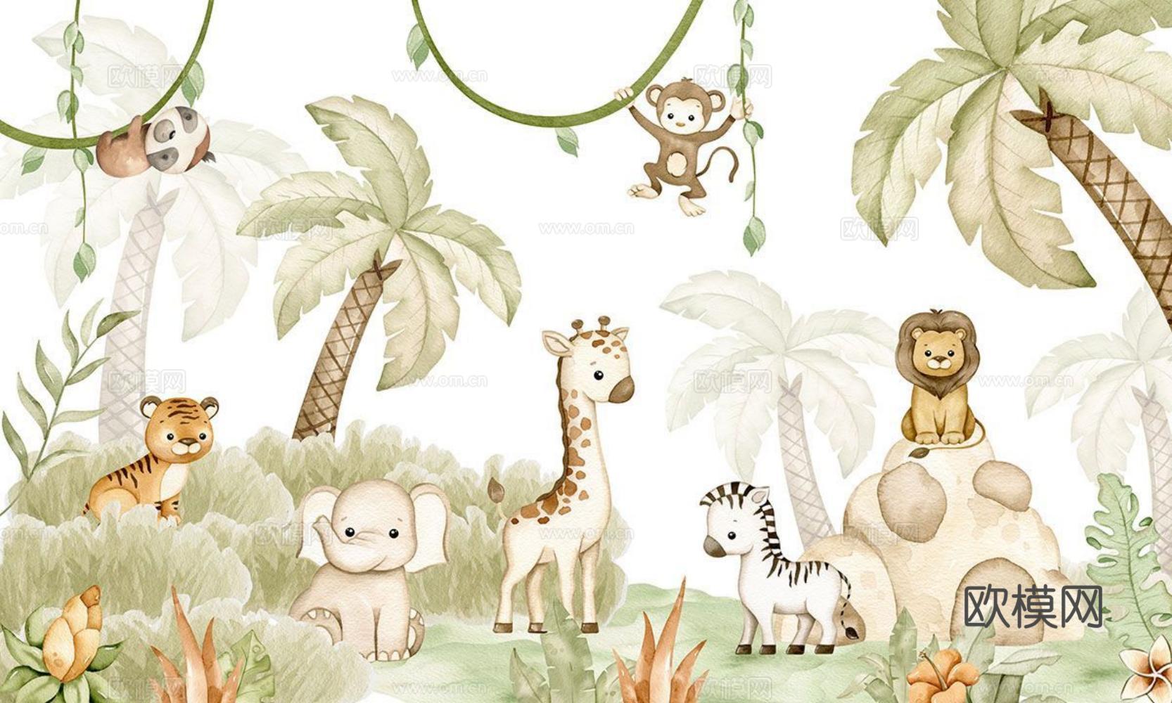 热带雨林壁纸 卡通壁纸 儿童房壁纸贴图贴图下载