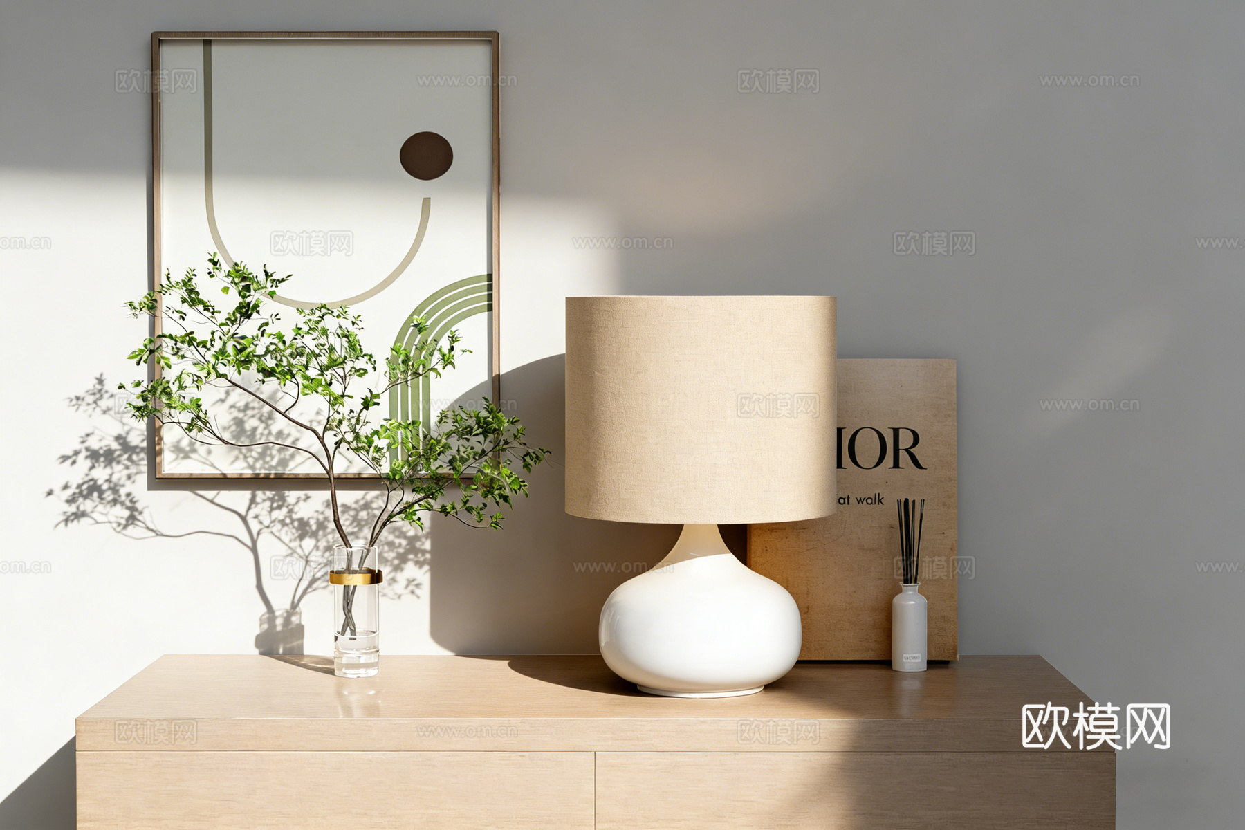 现代简约静物摆件 陶瓷台灯 玻璃花瓶 抽象画 侘寂风桌面装饰su模型