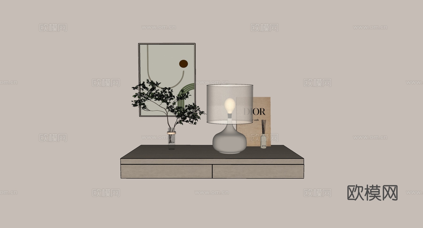 现代简约静物摆件 陶瓷台灯 玻璃花瓶 抽象画 侘寂风桌面装饰su模型