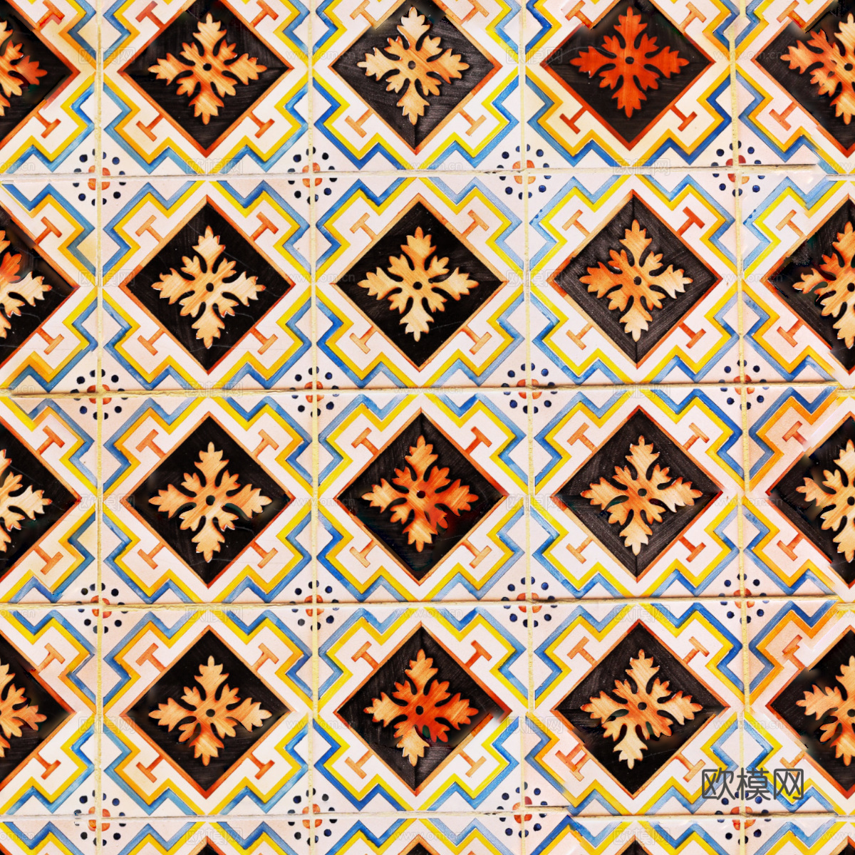 复古经典，民族风几何植物花纹图案花砖瓷砖148下载