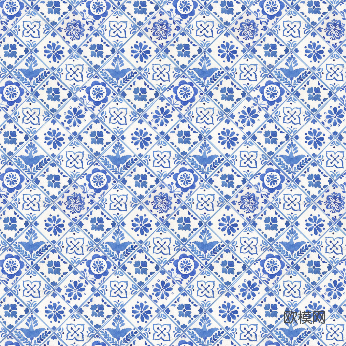 复古经典，民族风青色几何植物花纹图案花砖瓷砖2