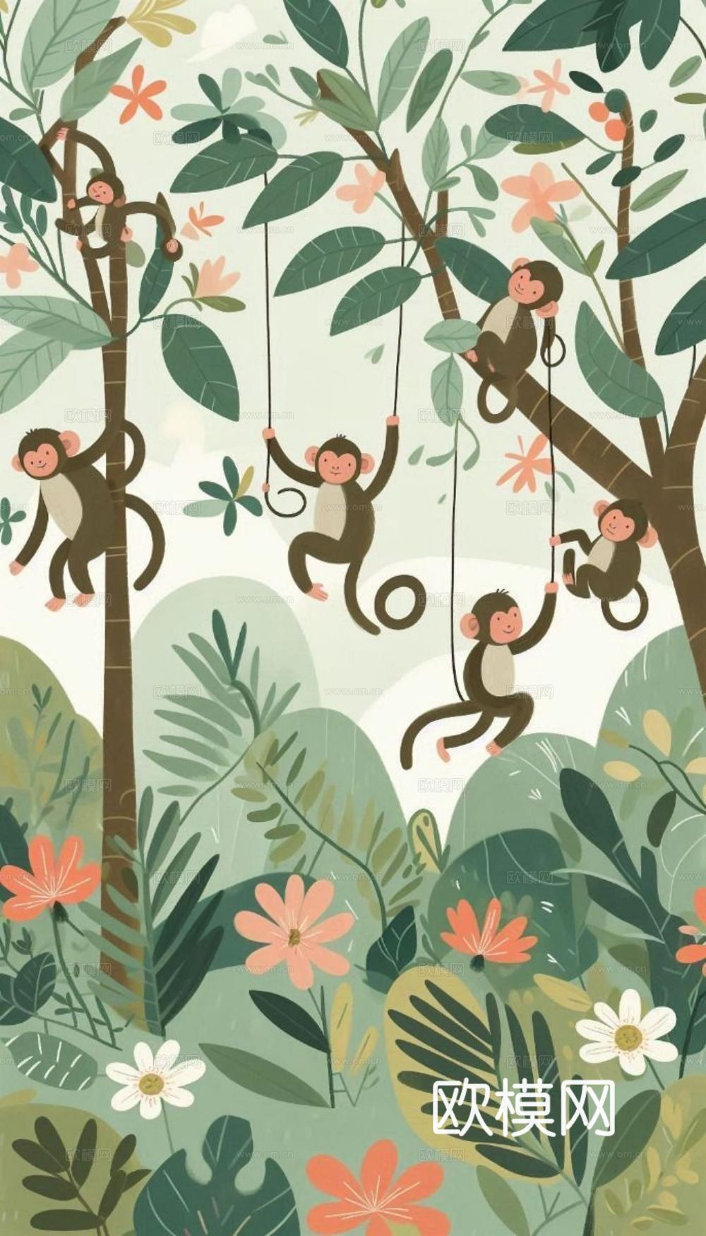 热带雨林壁纸 卡通壁纸 儿童房壁纸贴图贴图下载