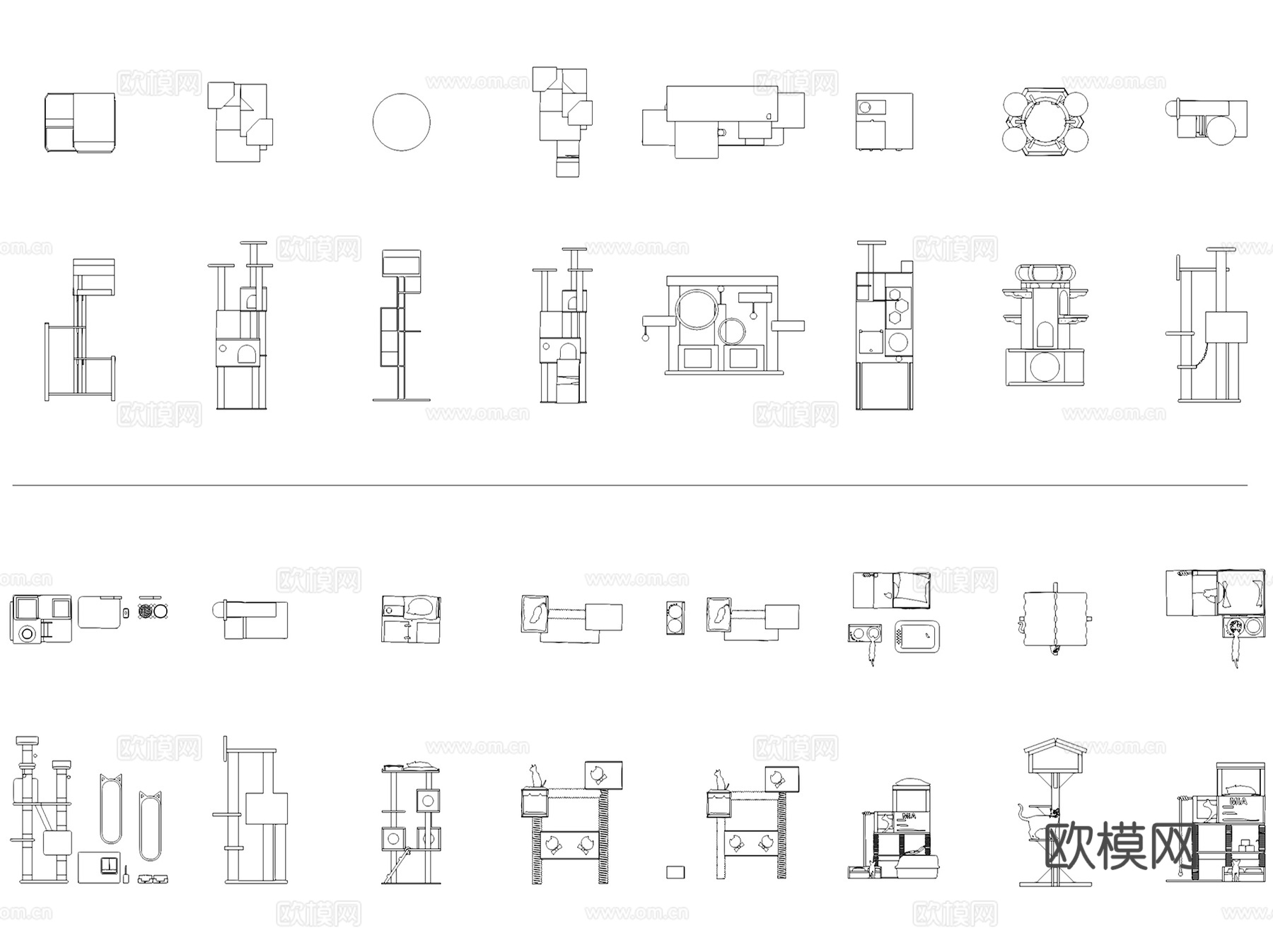 现代猫舍猫爬架单体组合图块图库CAD施工图集cad施工图