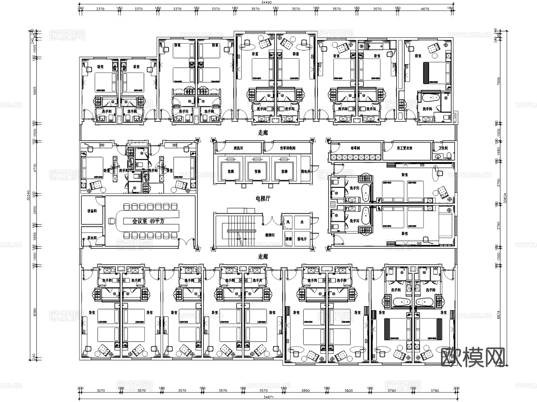 酒店客房层标准层室内工装平面图CAD施工图集 11套cad施工图