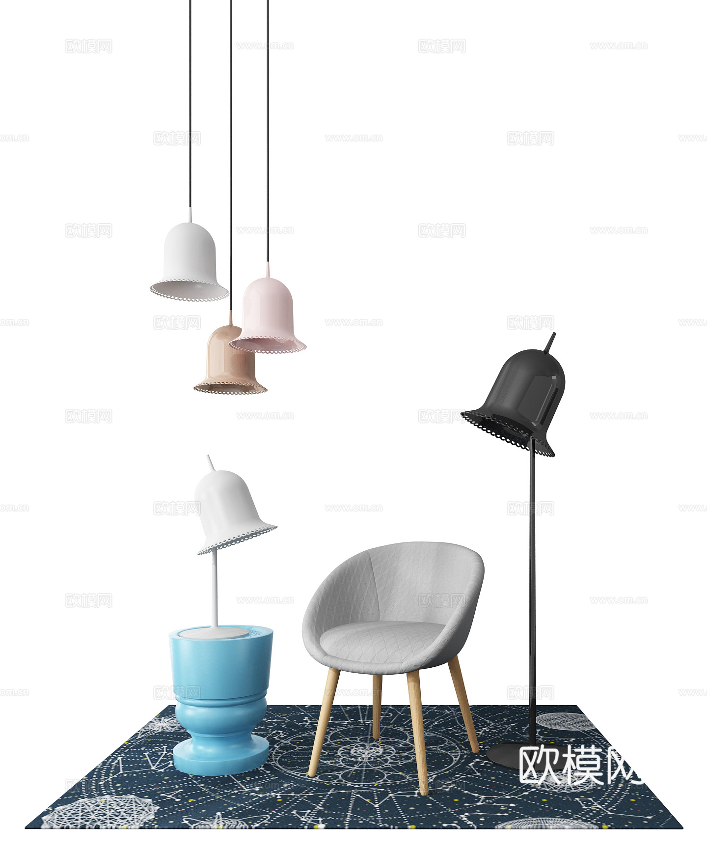 北欧单椅 边几吊灯 北欧边几 北欧落地灯3d模型下载（渲染图2）