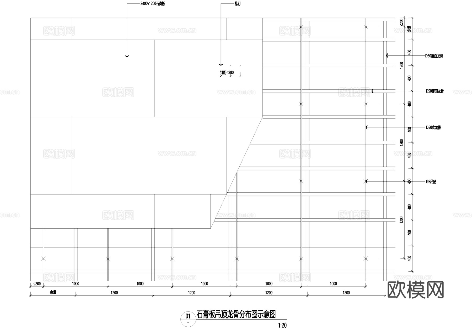 双层石膏板吊顶天花钢架转换层节点CAD施工图cad施工图