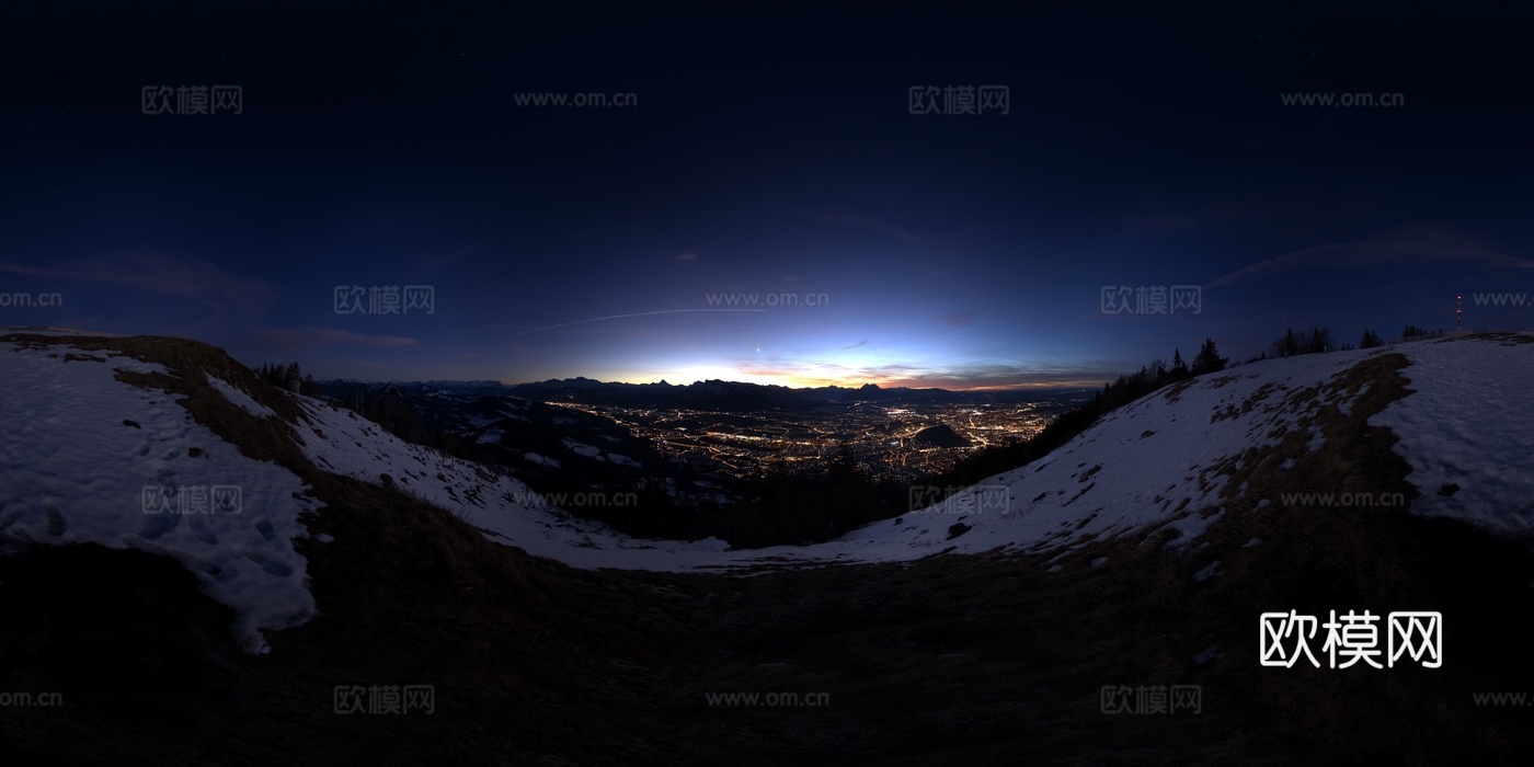 户外冬季雪地日落星空HDR