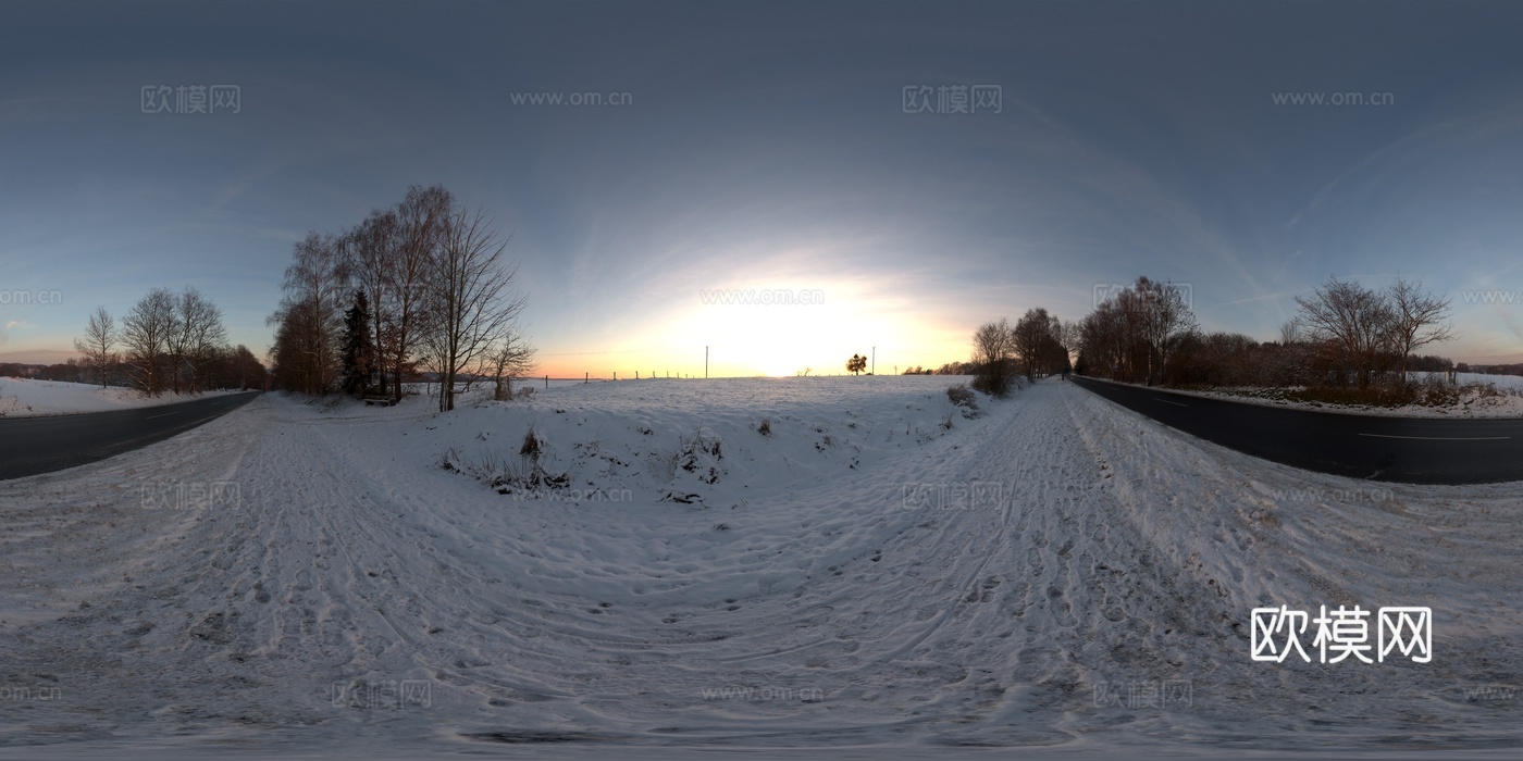 户外冬季日出日落黎明黄昏雪地树木HDR