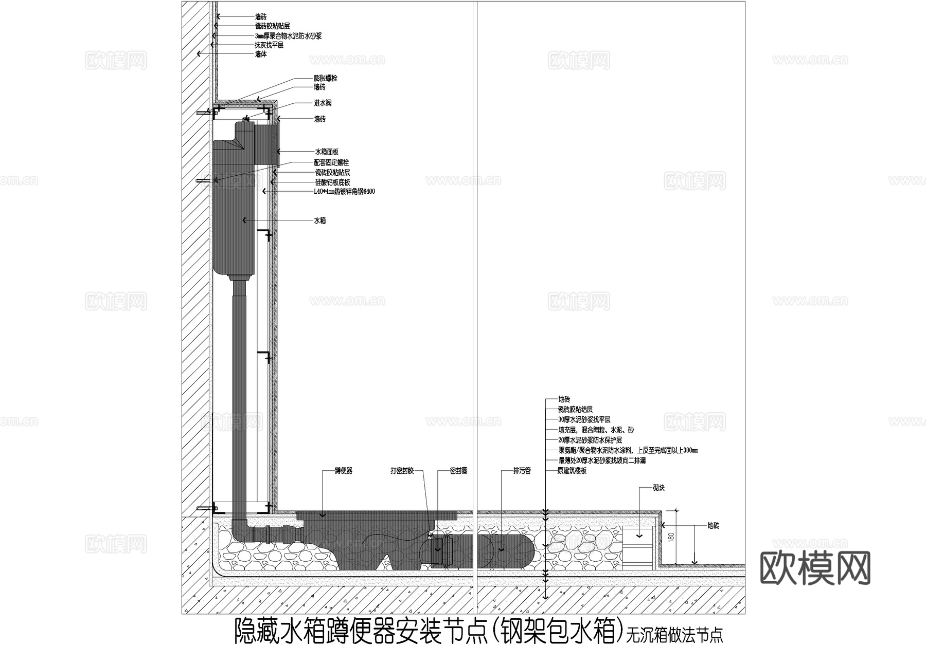 蹲便器安装节点 隐藏明装水箱cad施工图
