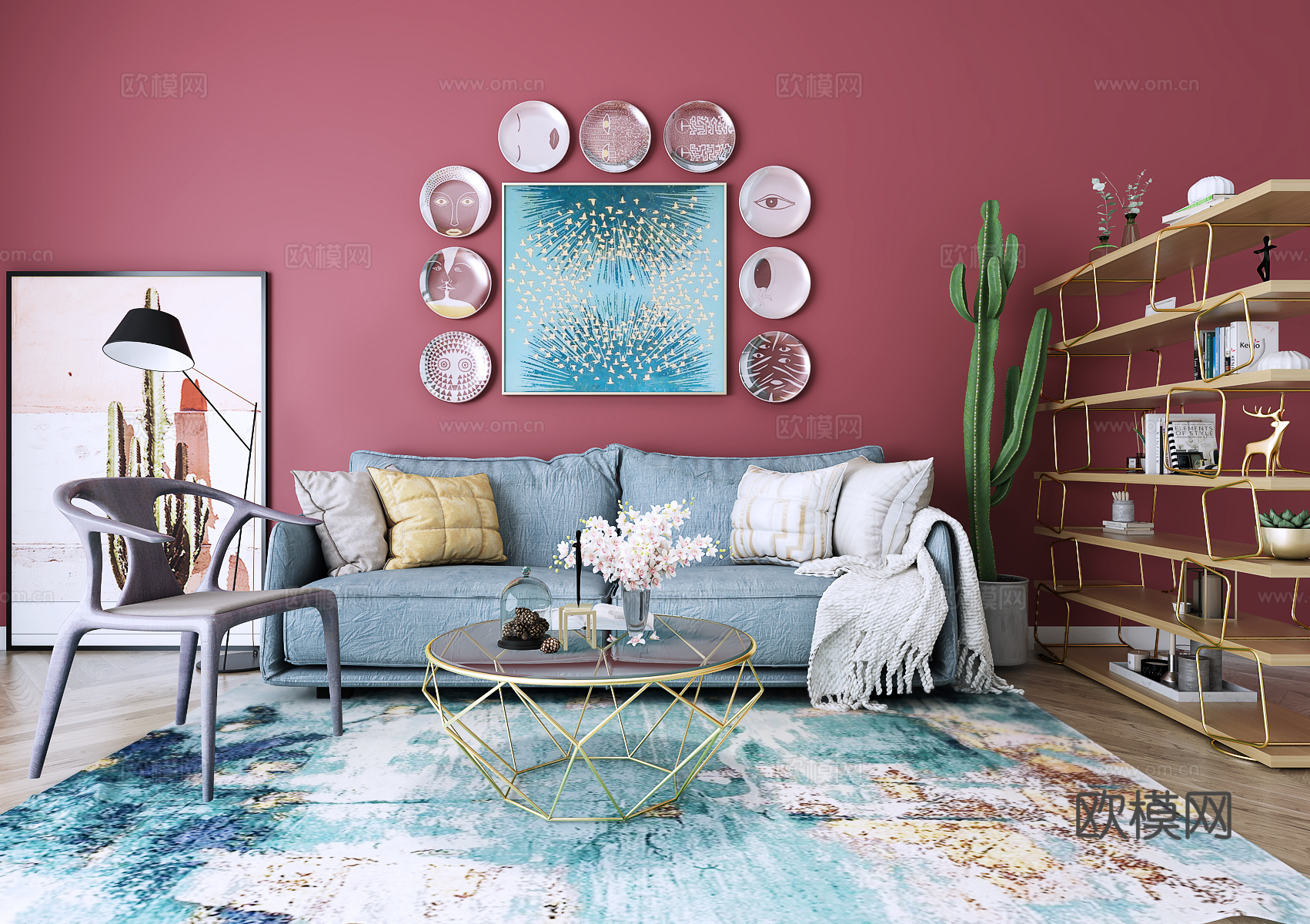 现代沙发茶几书架组合3d模型下载（渲染图2）