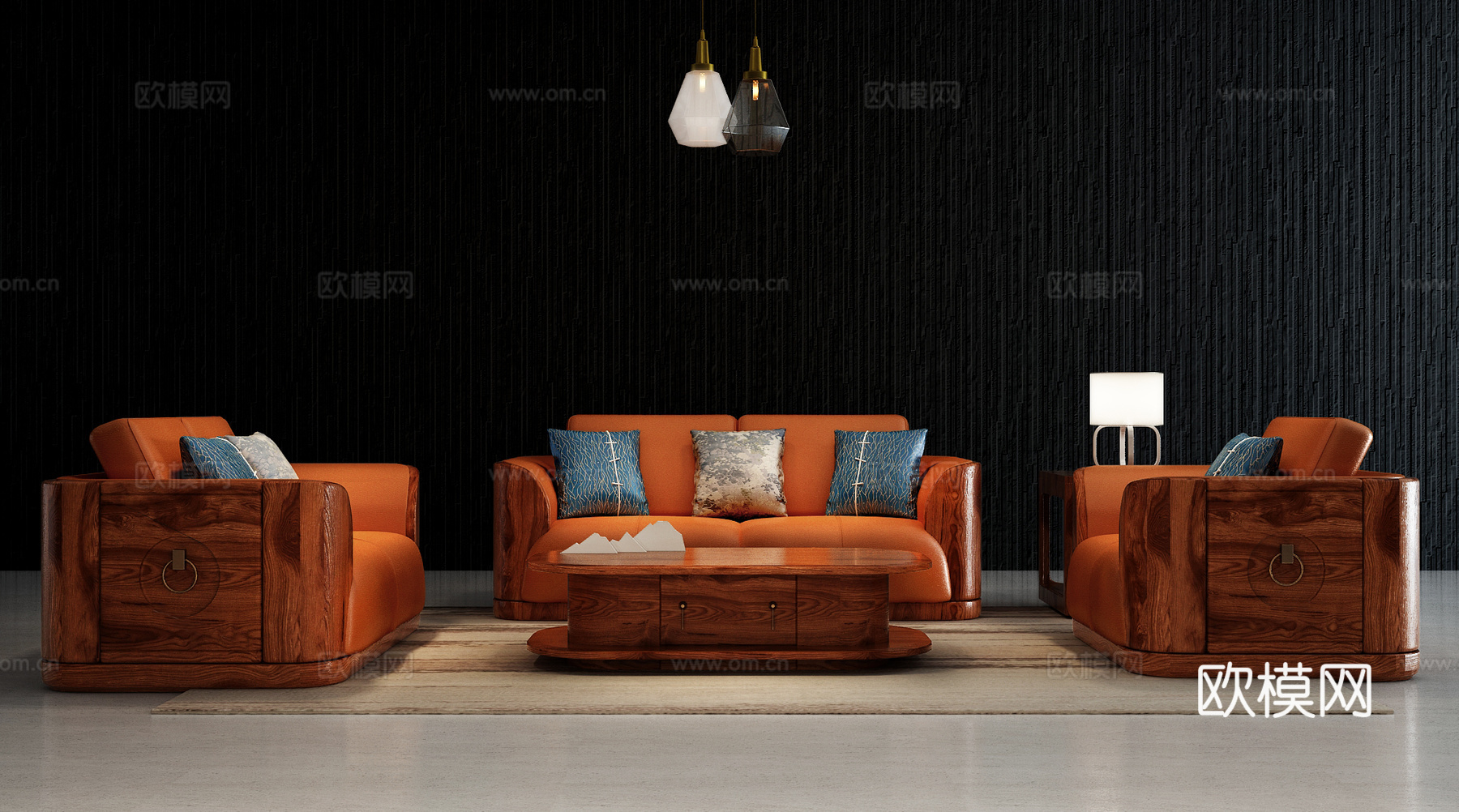 新中式沙发茶几组合 红日沙发茶几组合 木头皮革新中式沙发3d模型下载（渲染图2）
