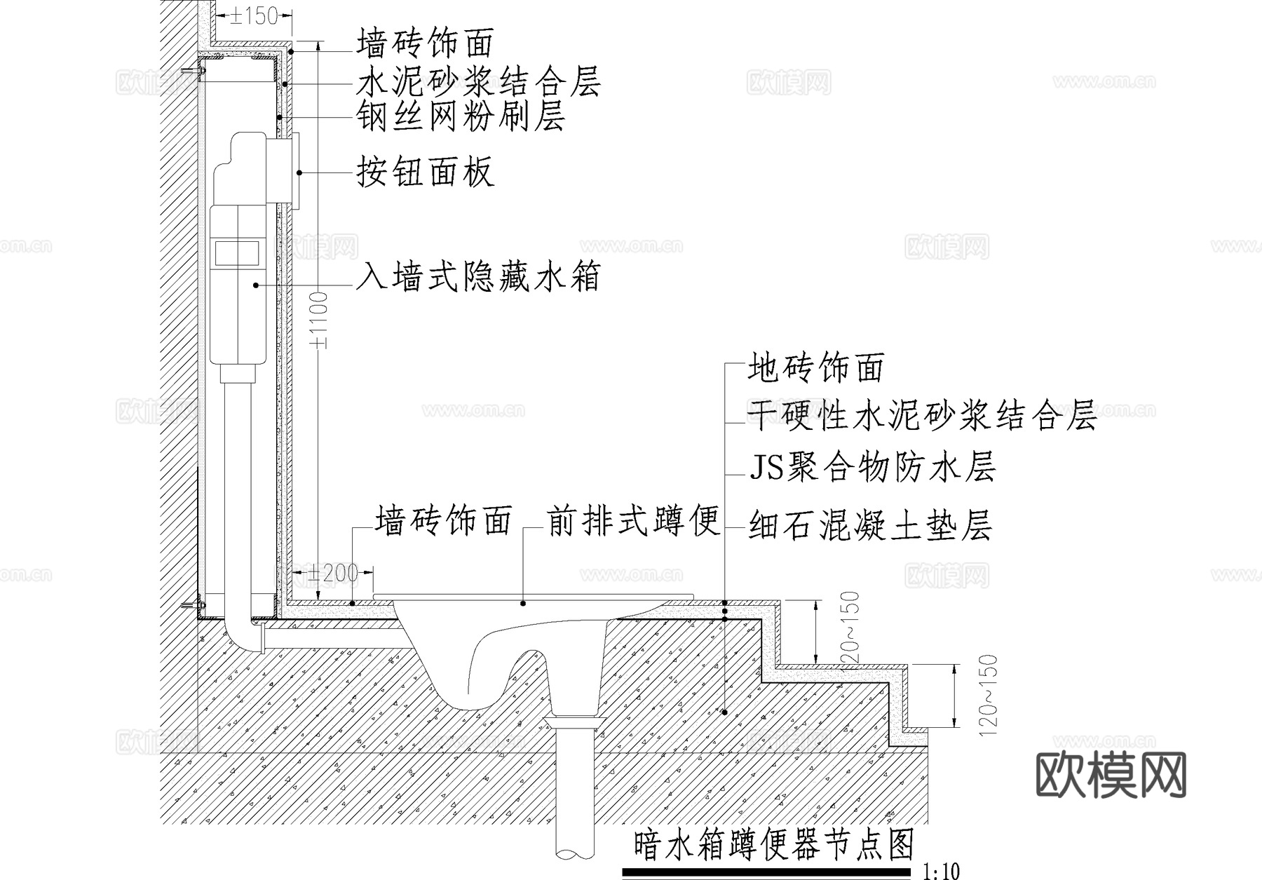 蹲便器暗藏水箱式 明装水箱管 挂墙式马桶小便器 卫生间节点cad施工图