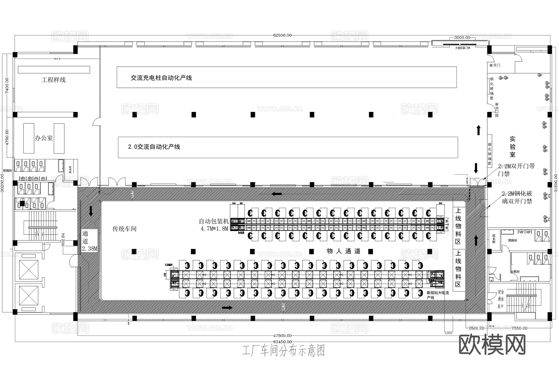 厂房平面图 工厂生产车间产线 自动化流水线cad施工图