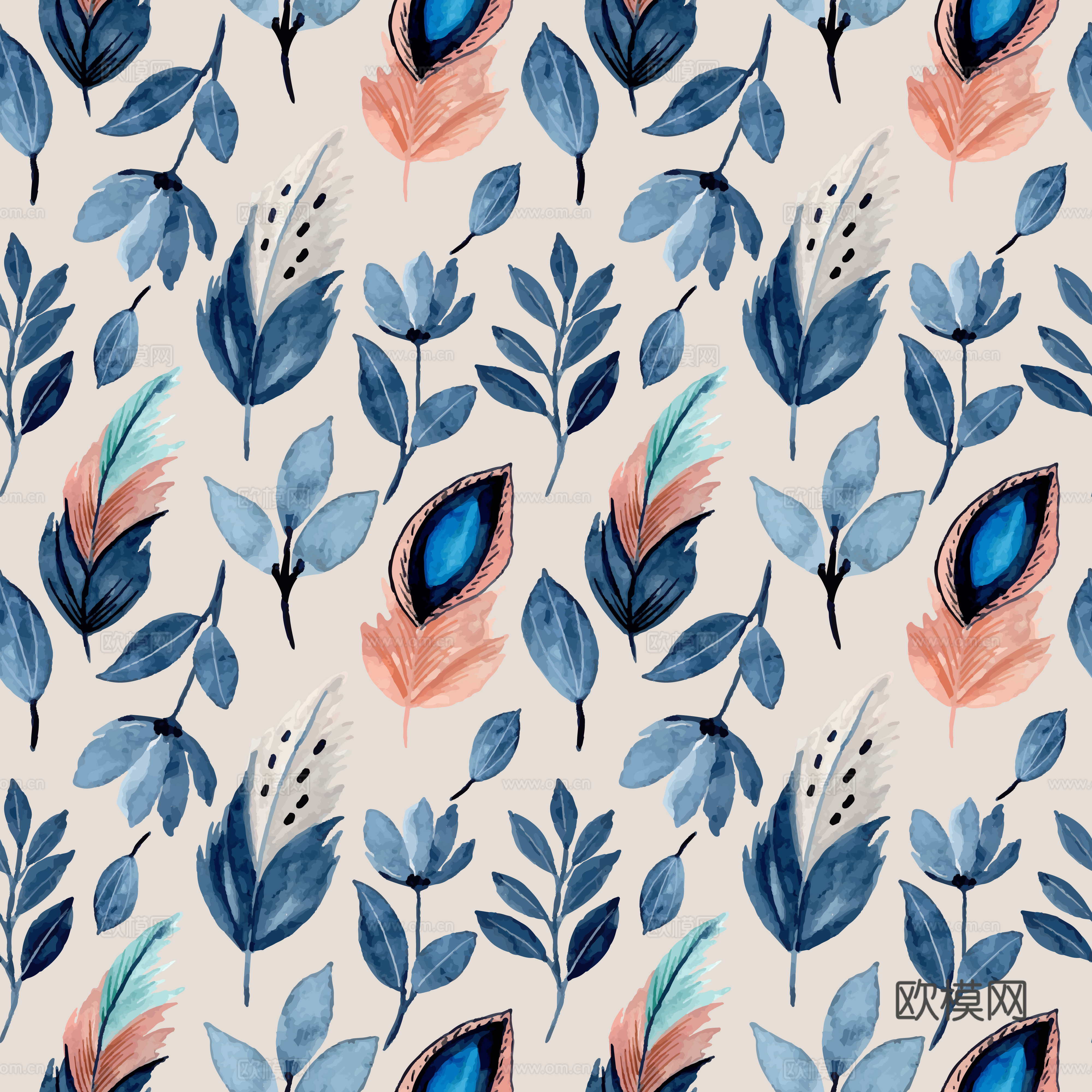 水彩风小清晰植物树叶图案纹理肌理43