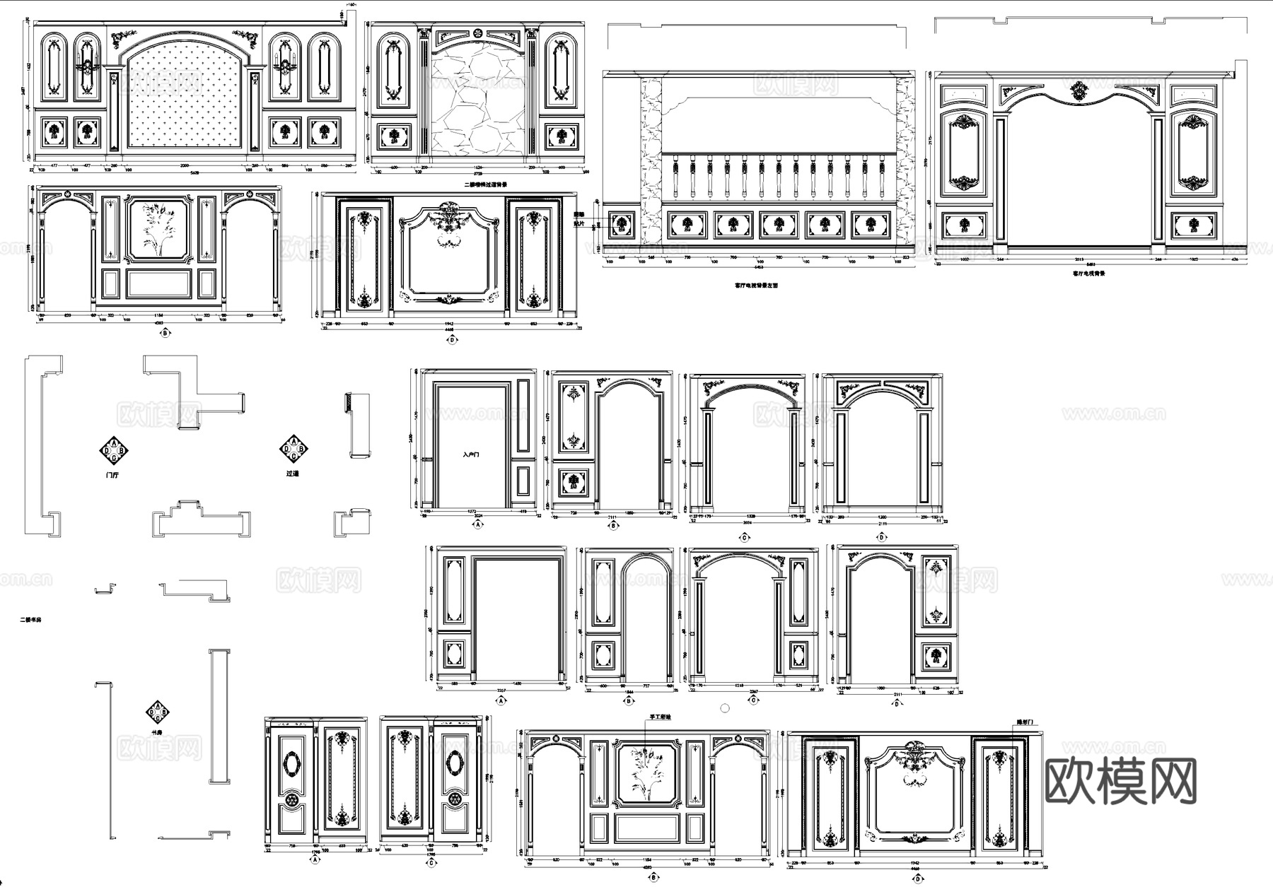 法式整木墙板背景墙雕花线条装饰CAD施工图集cad施工图
